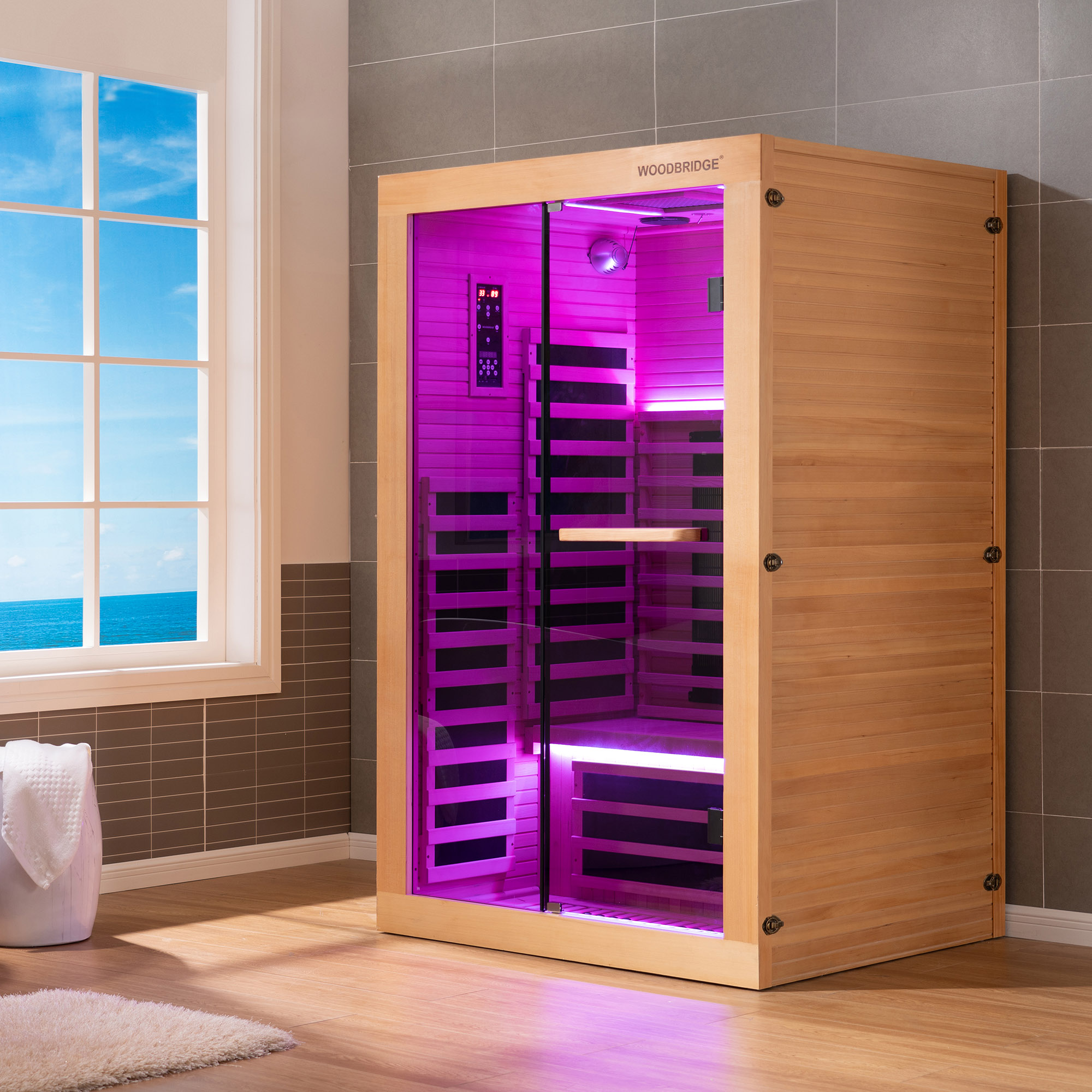  2 Person Canadian Hemlock Wood Infrared Sauna For Home With Touch-Tone Keypad, Led Color Therapy Light, Tempered Glass Door And A Top Vent_20965