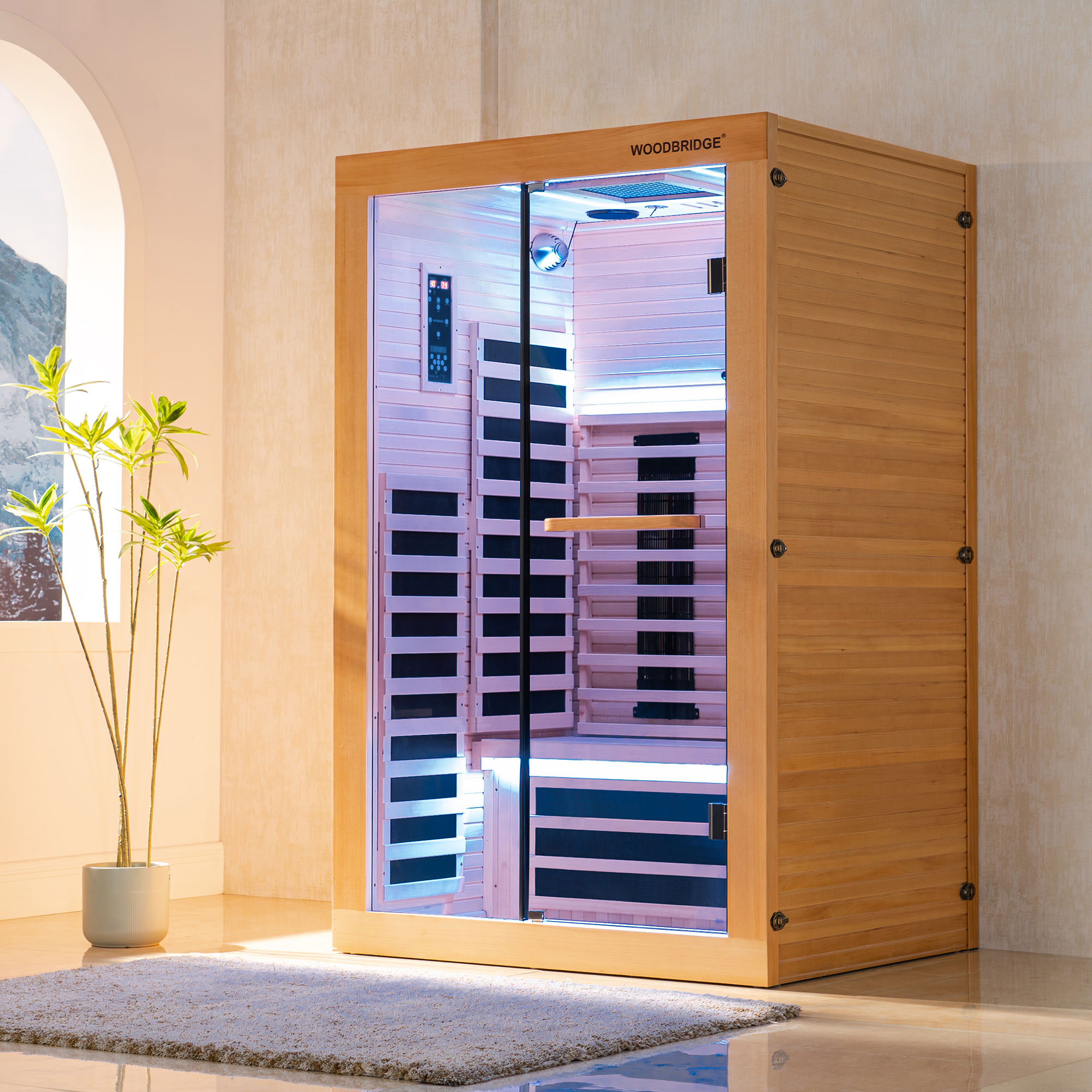  2 Person Canadian Hemlock Wood Infrared Sauna For Home With Touch-Tone Keypad, Led Color Therapy Light, Tempered Glass Door And A Top Vent_20969