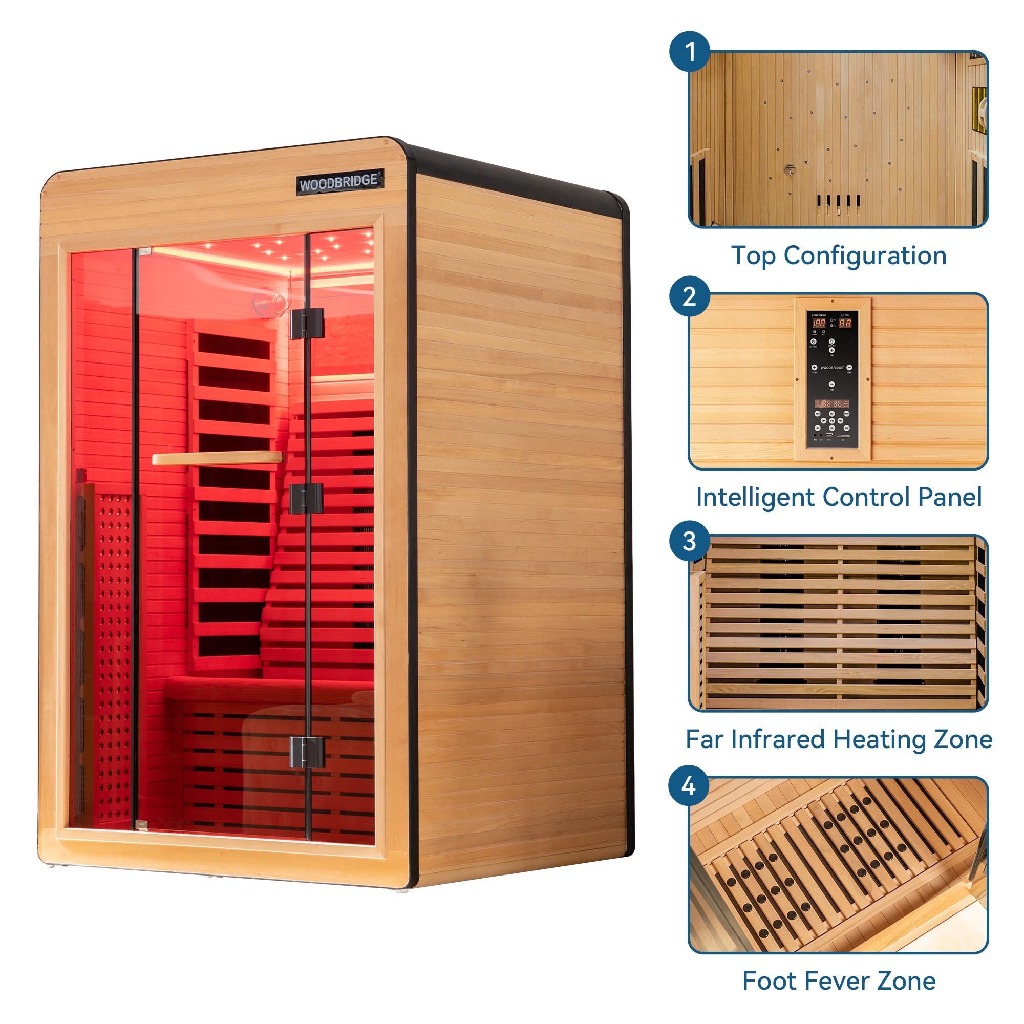  2 Person Canadian Hemlock Wood Infrared Sauna For Home With Touch-Tone Keypad, Led Color Therapy Light, Tempered Glass Door And A Top Vent_20975