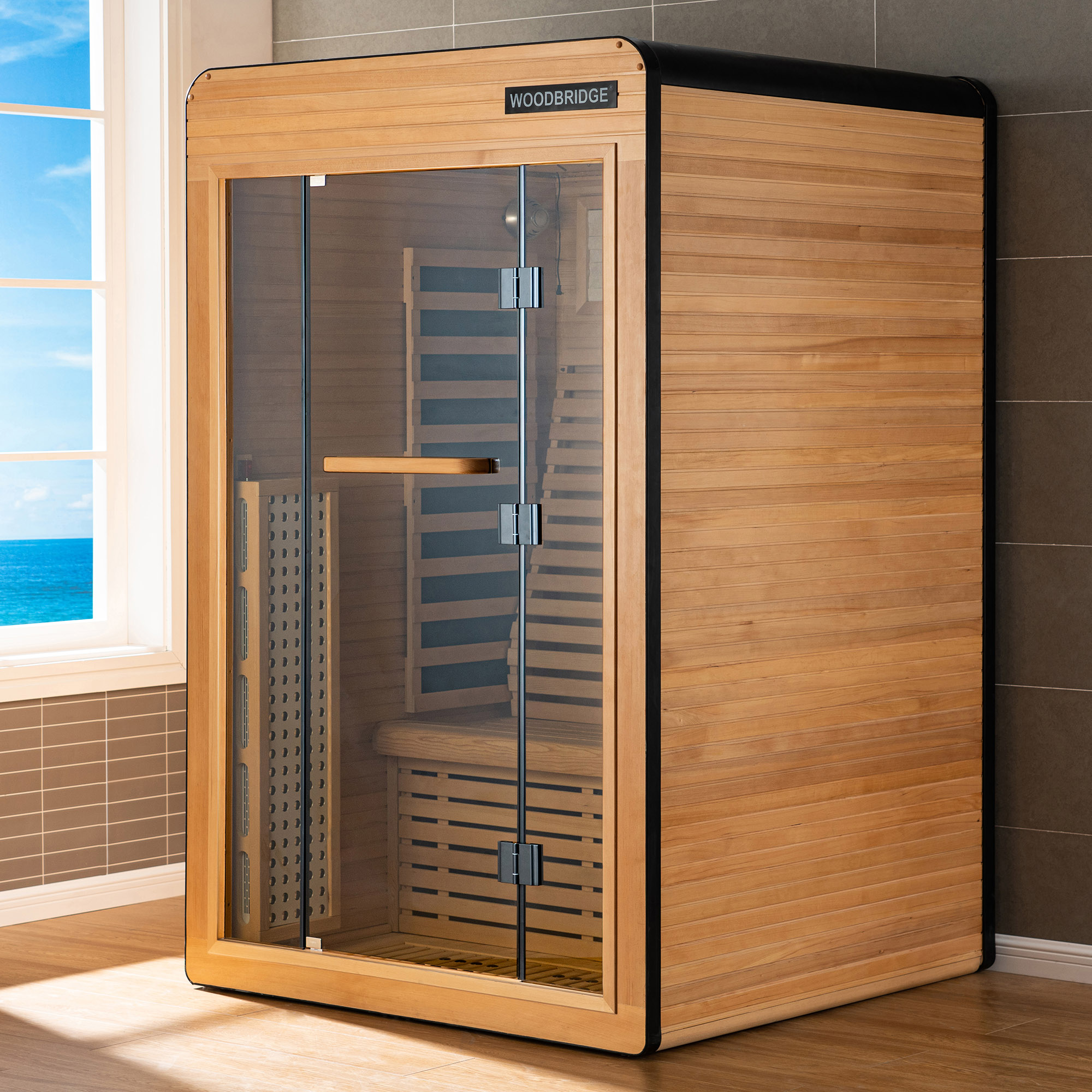  2 Person Canadian Hemlock Wood Infrared Sauna For Home With Touch-Tone Keypad, Led Color Therapy Light, Tempered Glass Door And A Top Vent_20986