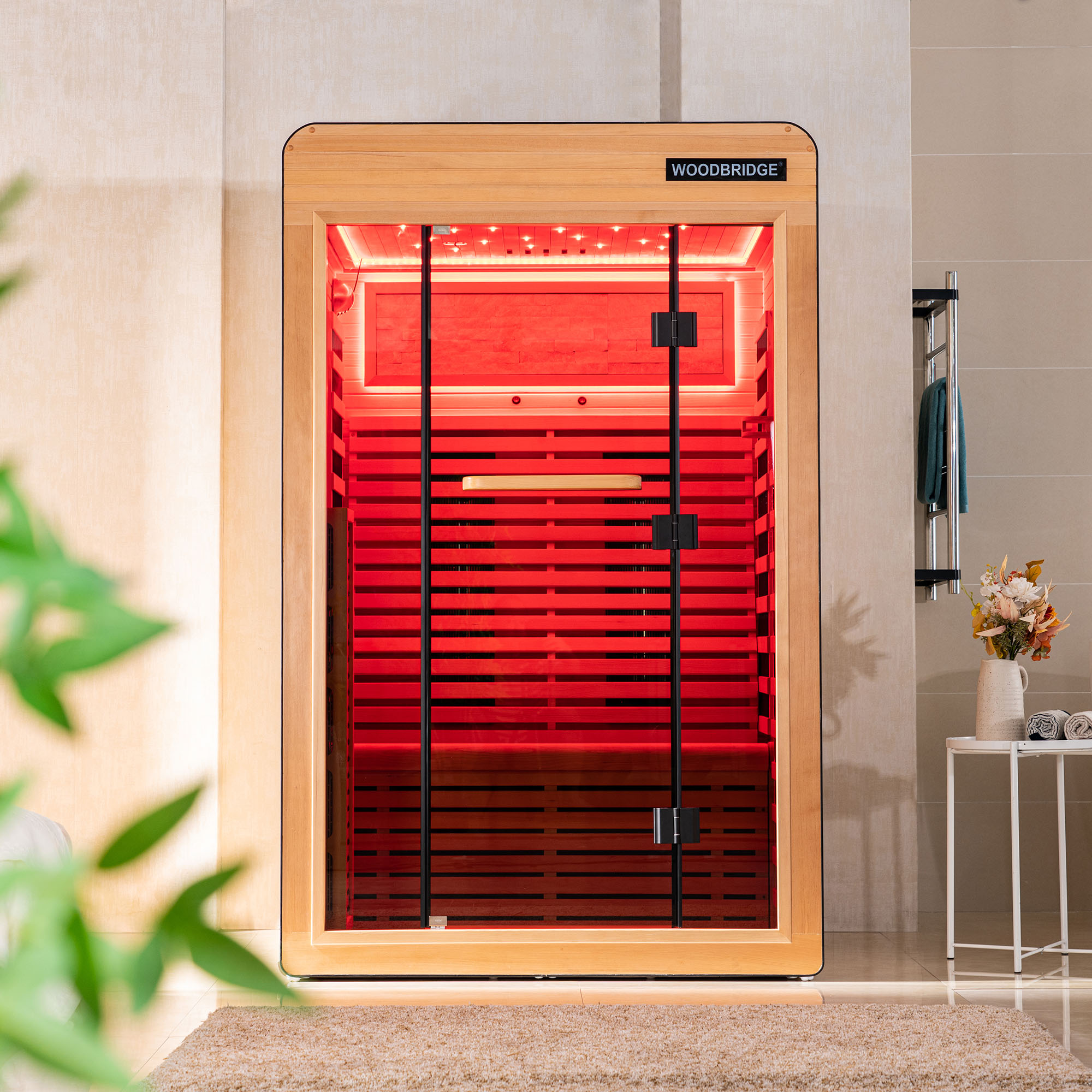  2 Person Canadian Hemlock Wood Infrared Sauna For Home With Touch-Tone Keypad, Led Color Therapy Light, Tempered Glass Door And A Top Vent_20995