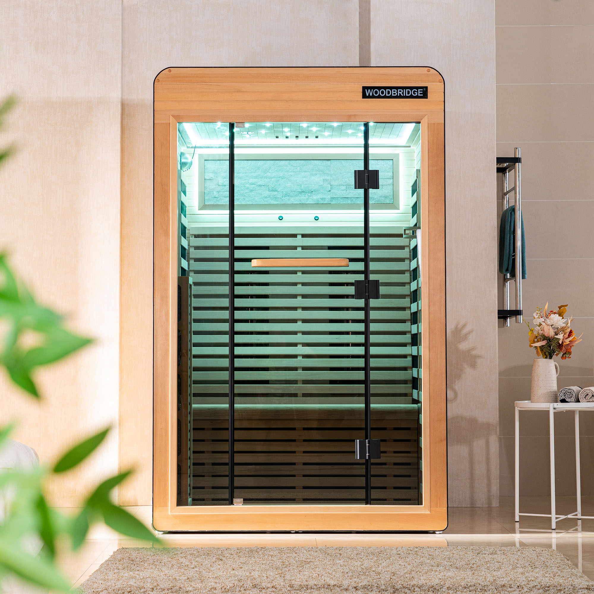  2 Person Canadian Hemlock Wood Infrared Sauna For Home With Touch-Tone Keypad, Led Color Therapy Light, Tempered Glass Door And A Top Vent_20996