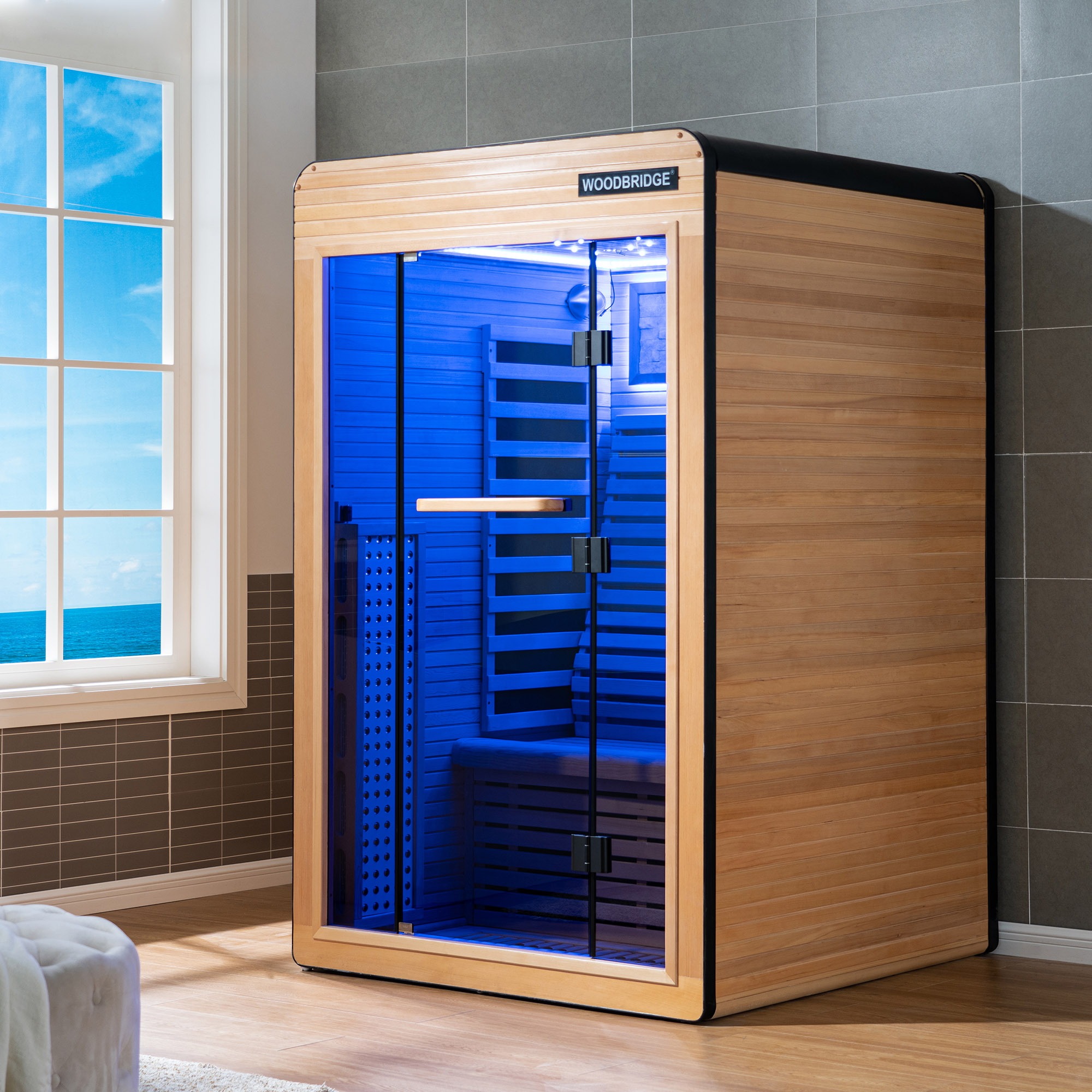  2 Person Canadian Hemlock Wood Infrared Sauna For Home With Touch-Tone Keypad, Led Color Therapy Light, Tempered Glass Door And A Top Vent_21000