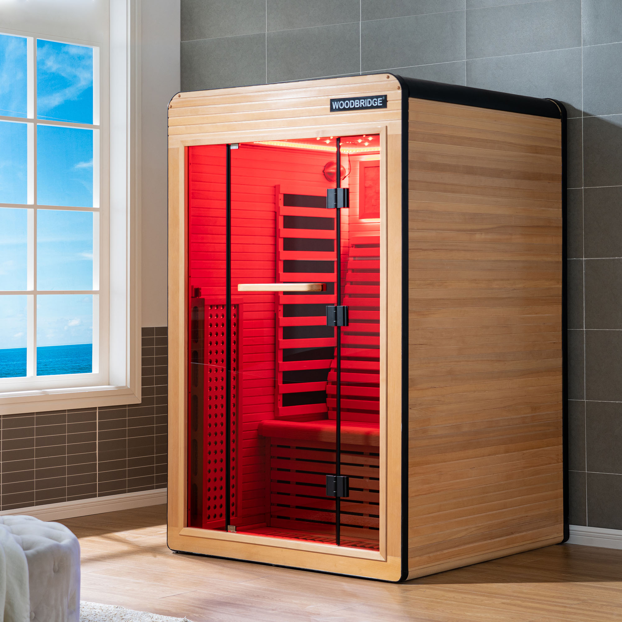  2 Person Canadian Hemlock Wood Infrared Sauna For Home With Touch-Tone Keypad, Led Color Therapy Light, Tempered Glass Door And A Top Vent_21003