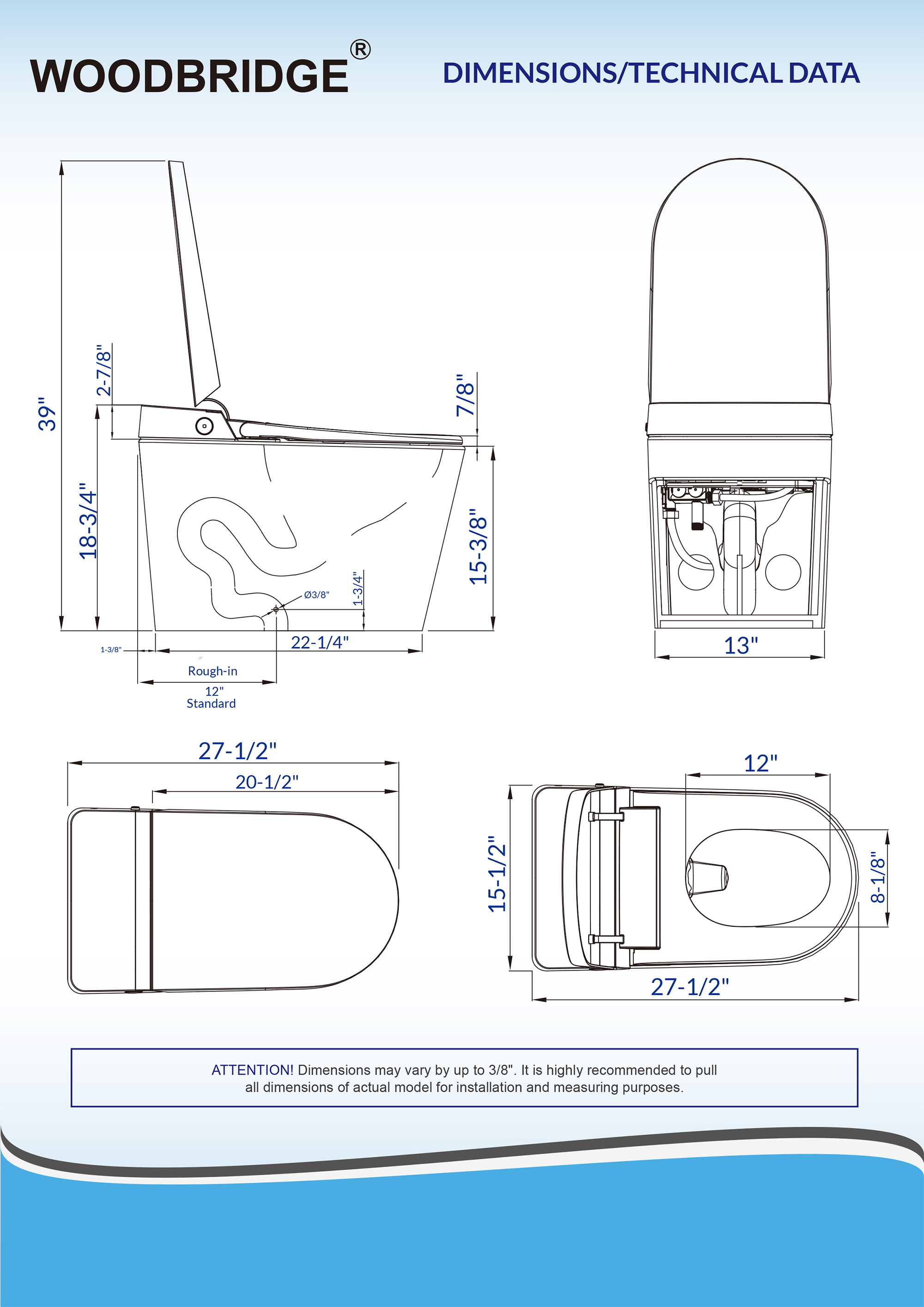  WOODBRIDGE B0990S One Piece Elongated Smart Toilet Bidet with Auto Open & Close, Auto Flush, Foot Sensor Flush, LED Temperature Display, Heated Seat and Integrated Multi Function Remote Control, White_21023