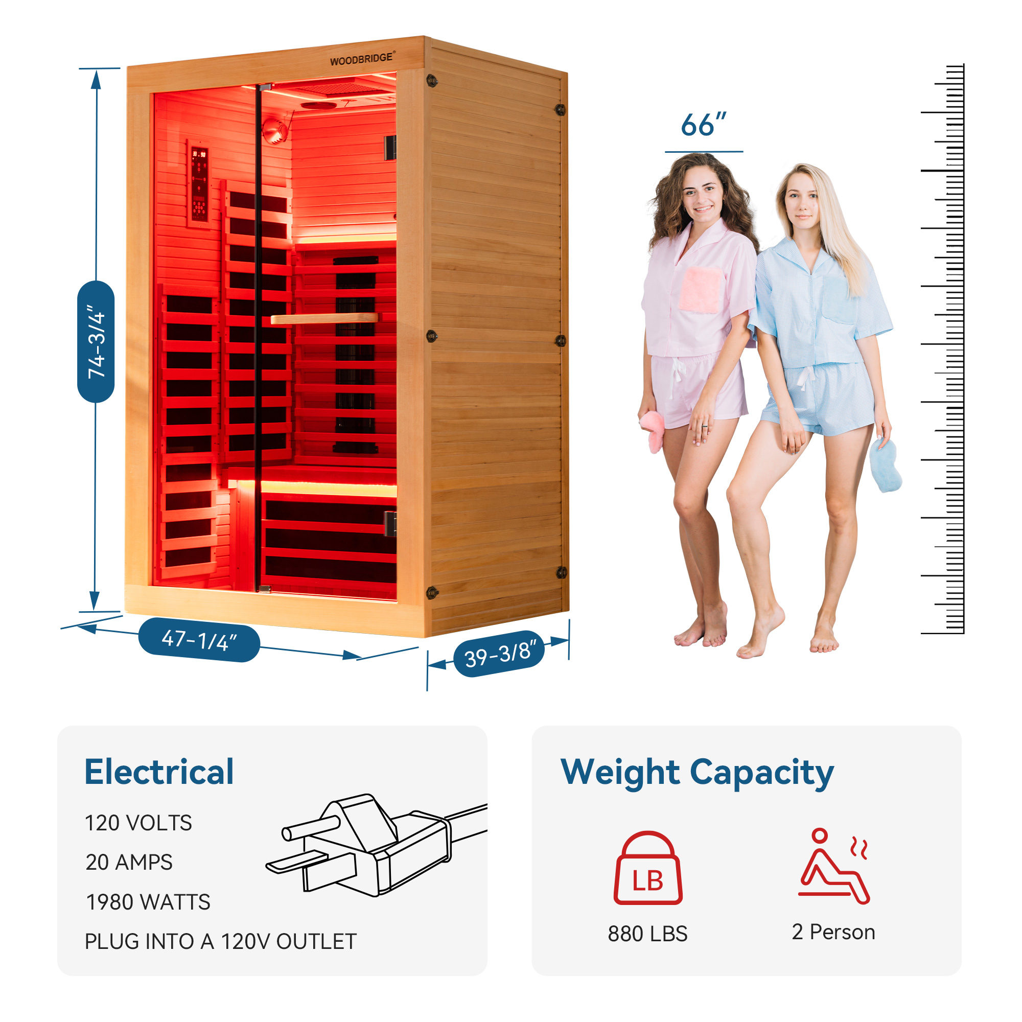  2 Person Canadian Hemlock Wood Infrared Sauna For Home With Touch-Tone Keypad, Led Color Therapy Light, Tempered Glass Door And A Top Vent_20952