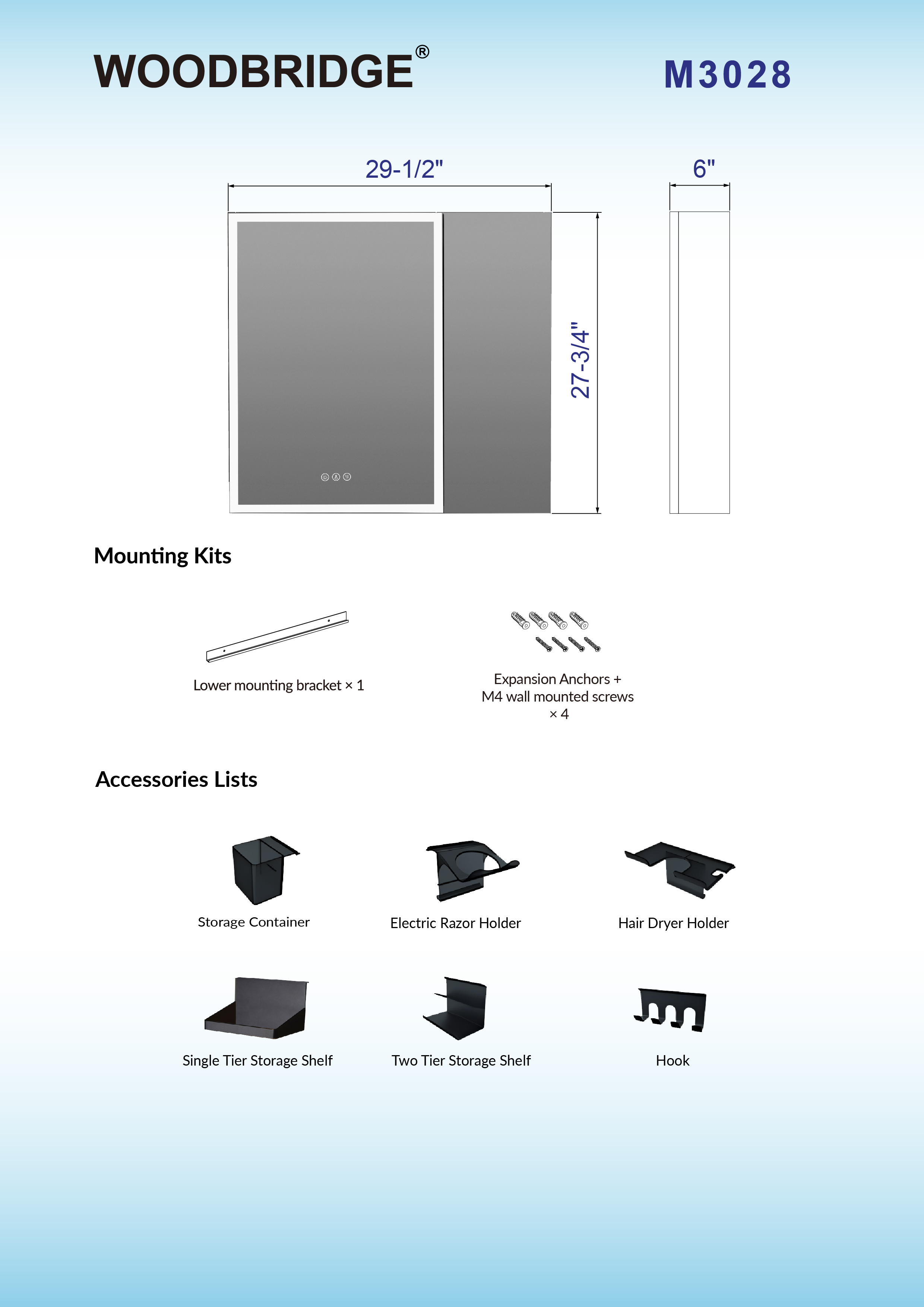  WOODBRIDGE Modern 29.5” W x 27.9” H Smart Storage Medicine Cabinet with Anti-Fog Mirror, LED Lighting, and Medium-Sized Design, M3028_21074