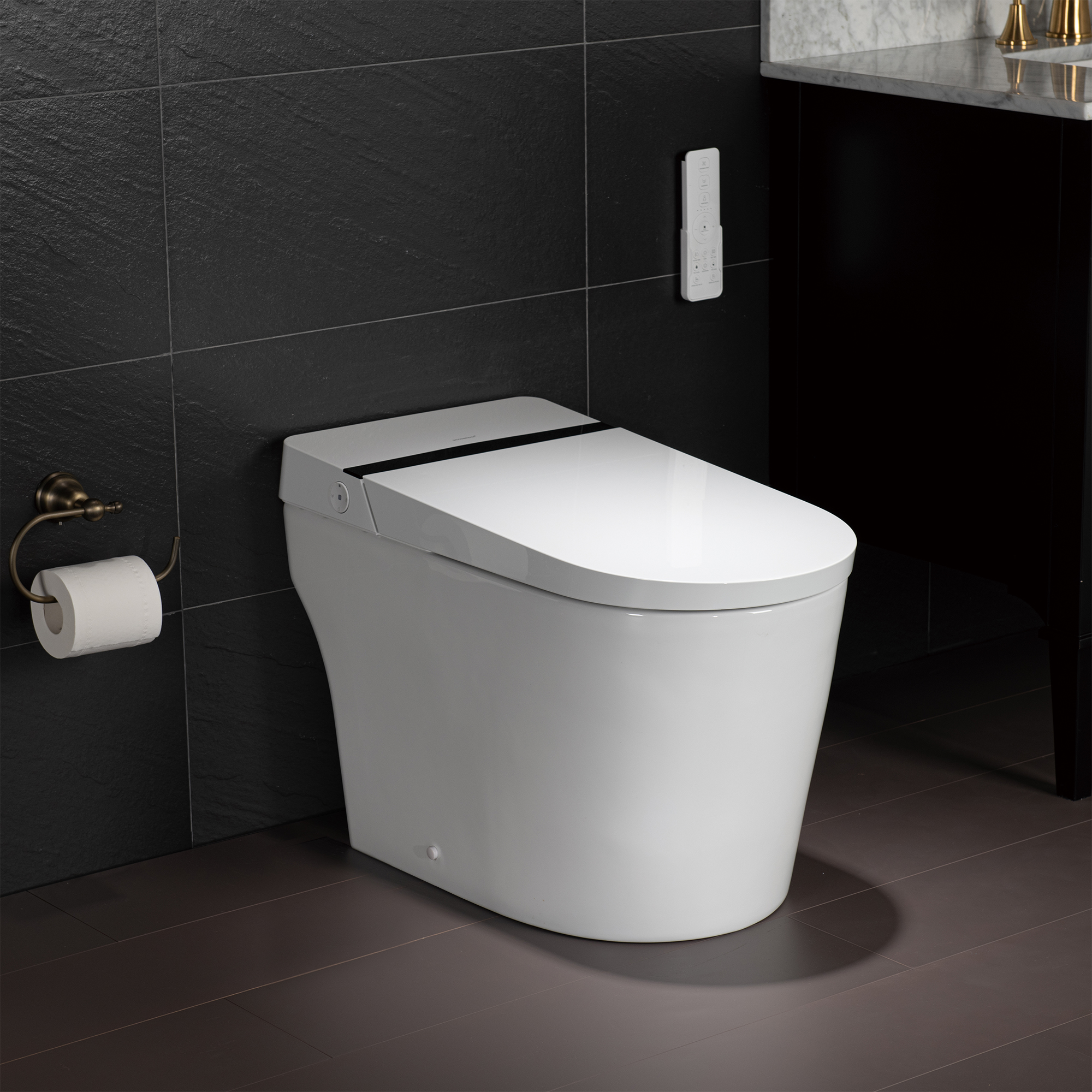  WOODBRIDGE B0990S One Piece Elongated Smart Toilet Bidet with Auto Open & Close, Auto Flush, Foot Sensor Flush, LED Temperature Display, Heated Seat and Integrated Multi Function Remote Control, White_21119