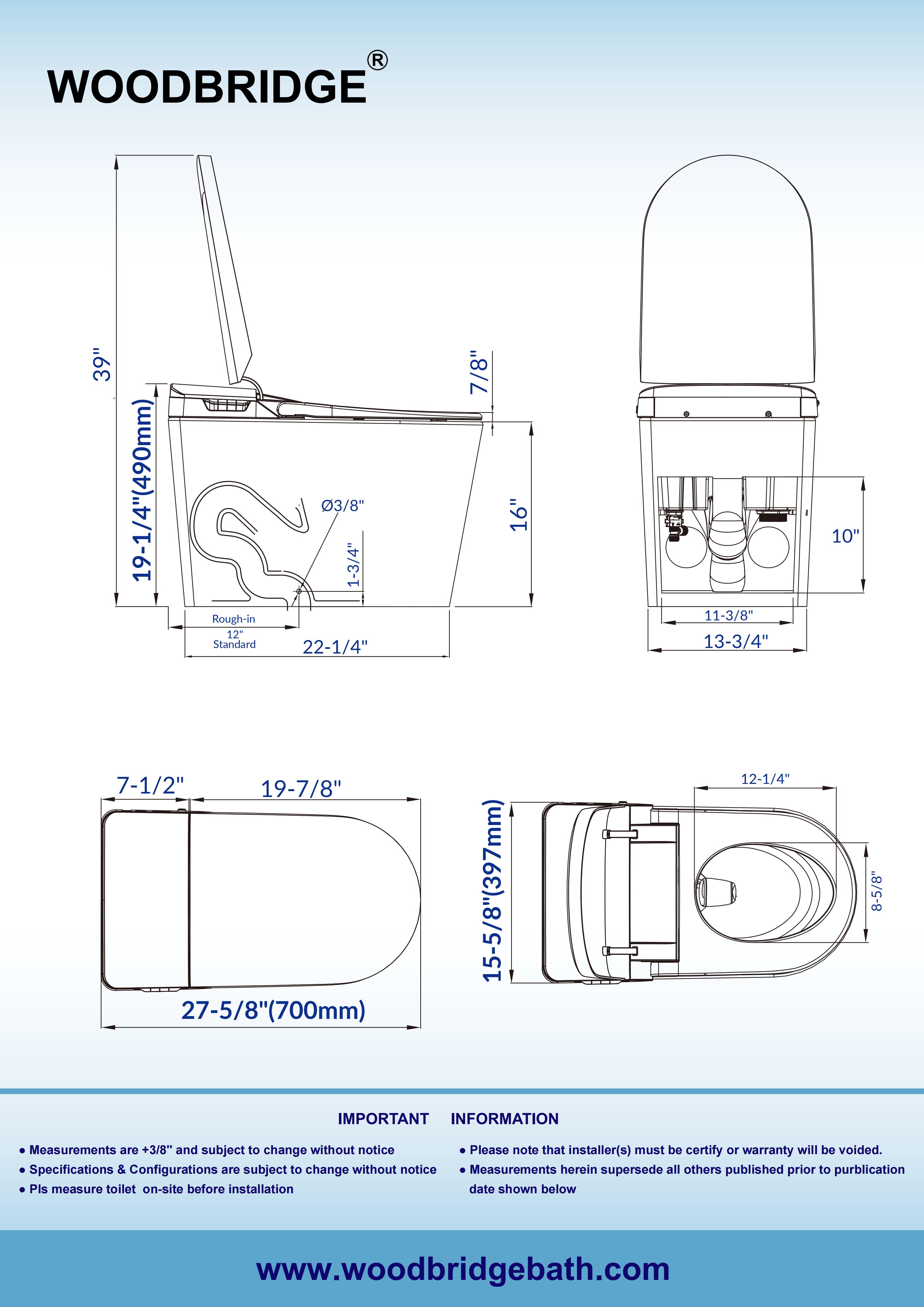  WOODBRIDGE Intelligent Smart Bidet Toilet, Auto Open & Close, Foot Sensor, Auto Quiet Flush, Backup Mechanical Flush, and Advanced Deodorization, White, EBT470_21166