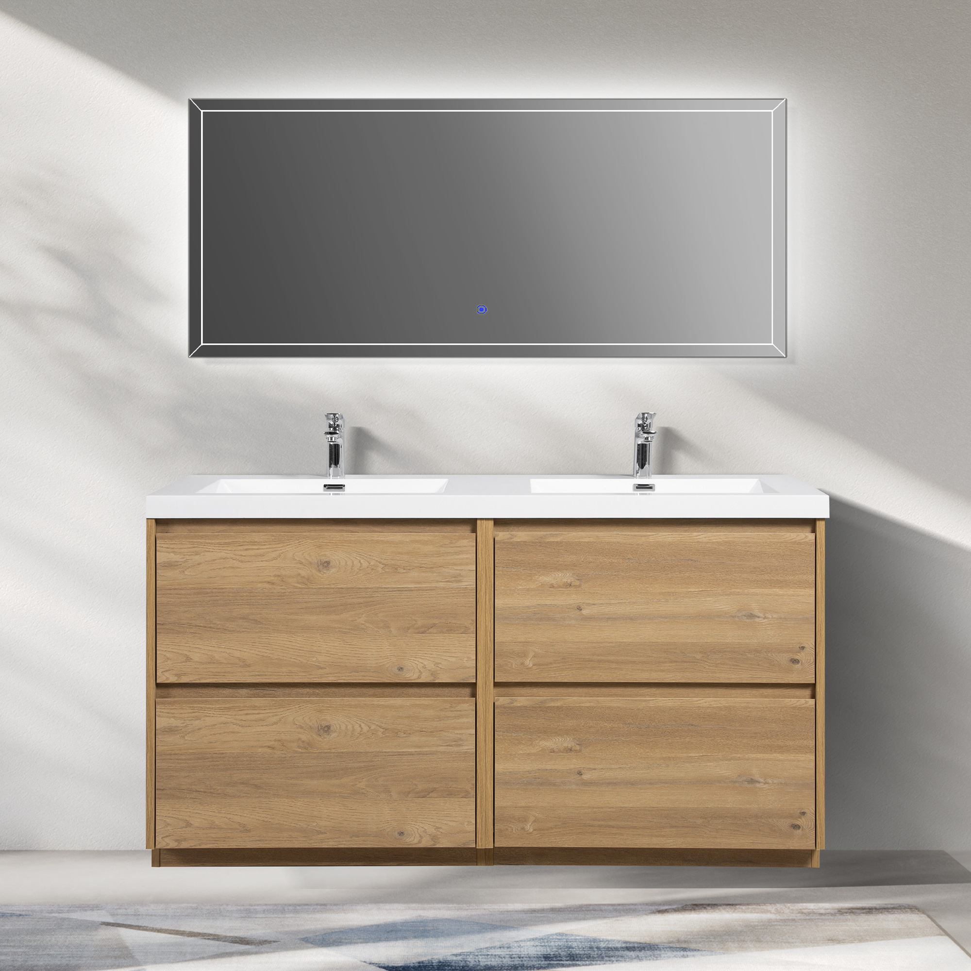 WOODBRIDGE 59 in. W x 19-5/8 in. D Freestanding Double Vanity in Mature Oak with Resin Composite Double Sink Vanity Top in Glossy White