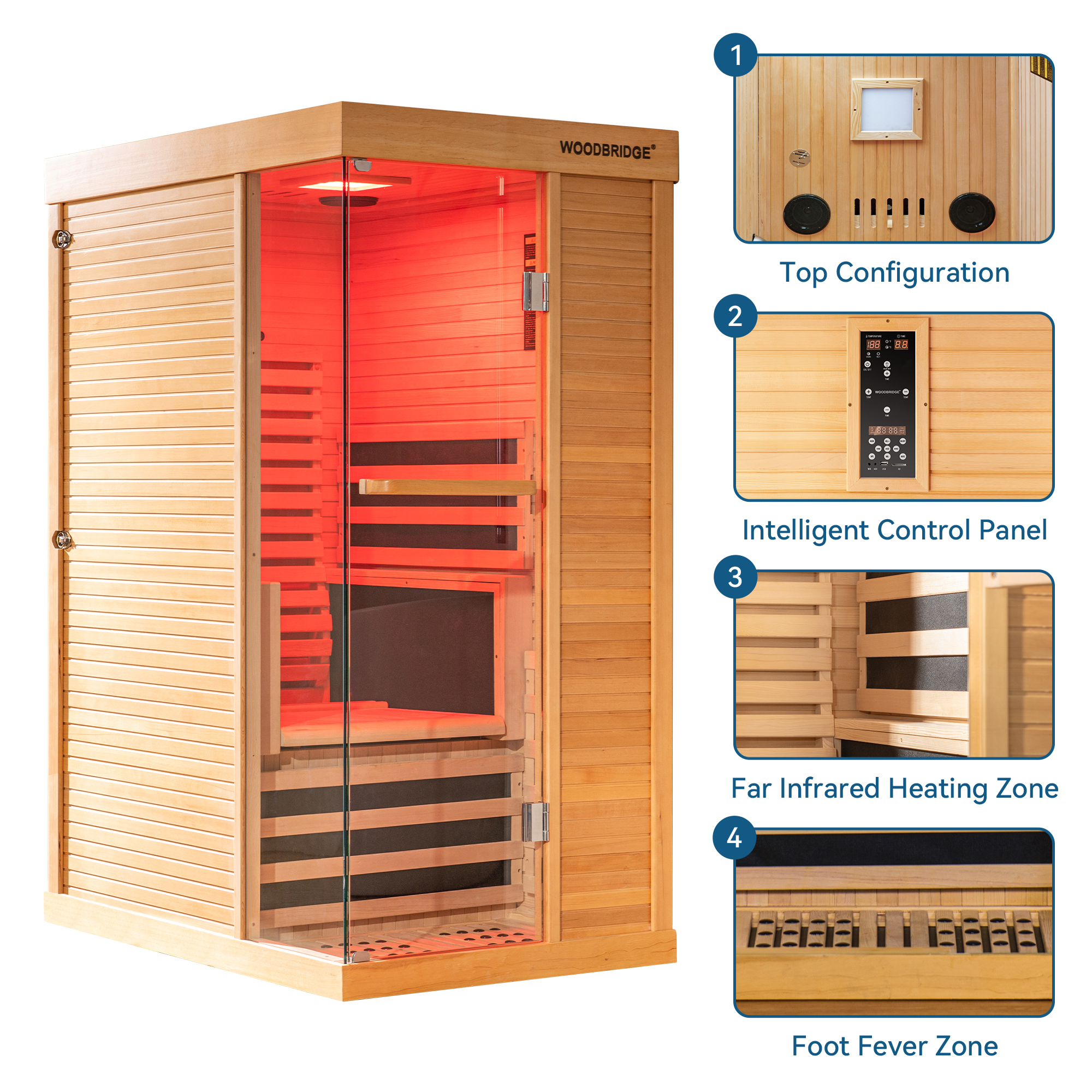  1 Person Canadian Hemlock Wood Infrared Sauna For Home With Touch-Tone Keypad, Led Color Therapy Light, Tempered Glass Door And A Top Vent_20775