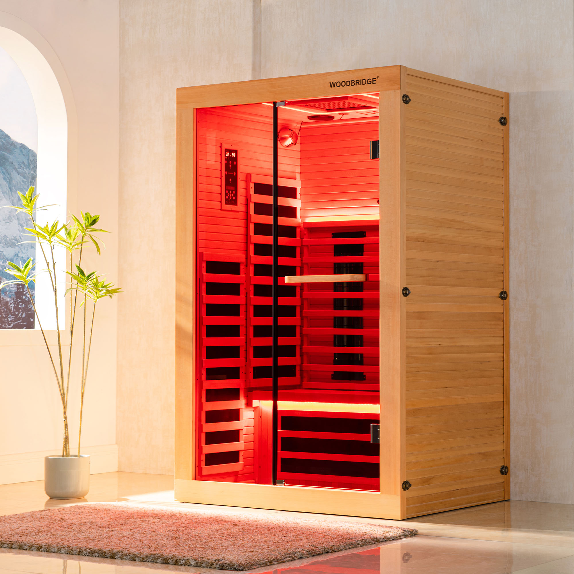 2 Person Canadian Hemlock Wood Infrared Sauna For Home With Touch-Tone Keypad, Led Color Therapy Light, Tempered Glass Door And A Top Vent