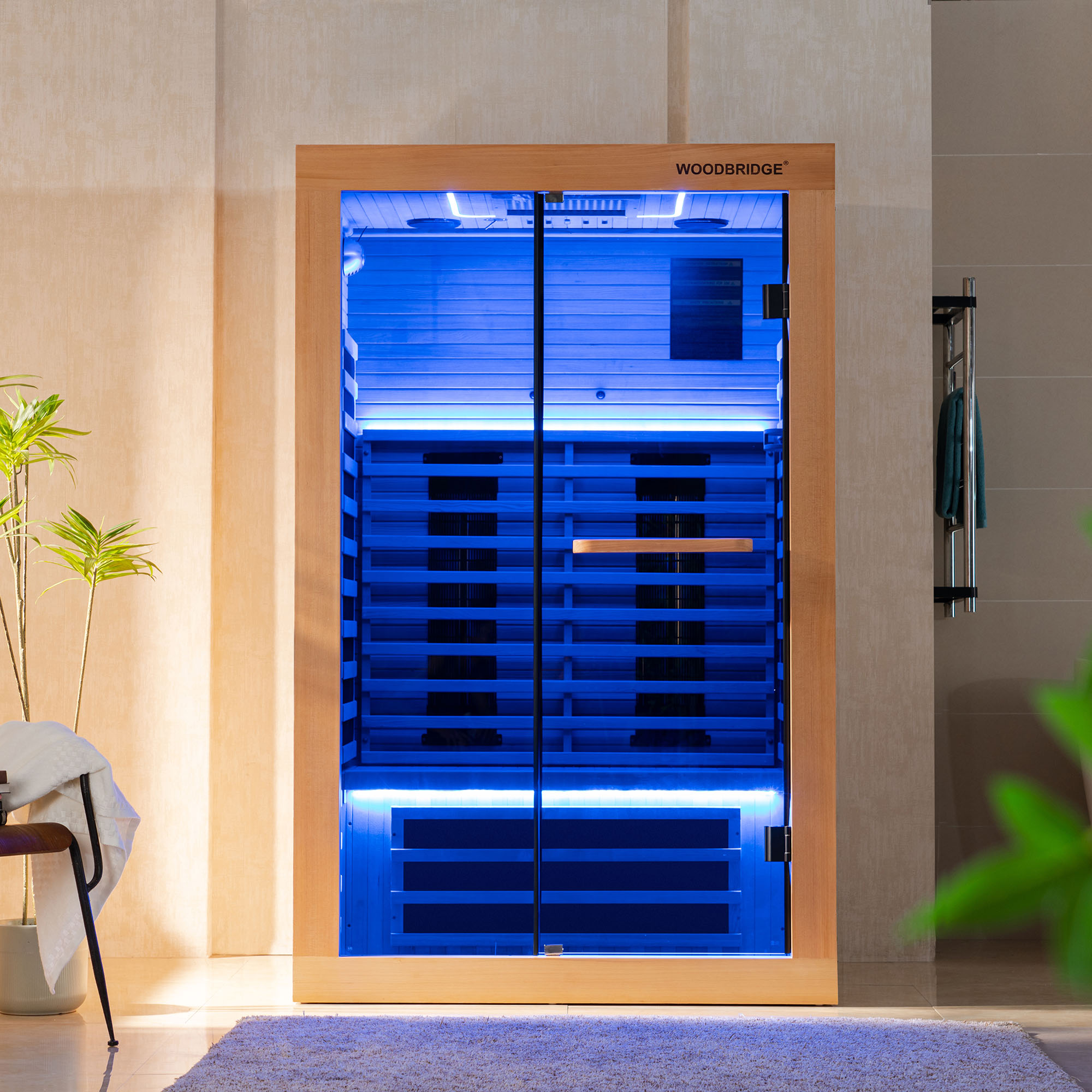  2 Person Canadian Hemlock Wood Infrared Sauna For Home With Touch-Tone Keypad, Led Color Therapy Light, Tempered Glass Door And A Top Vent_20963