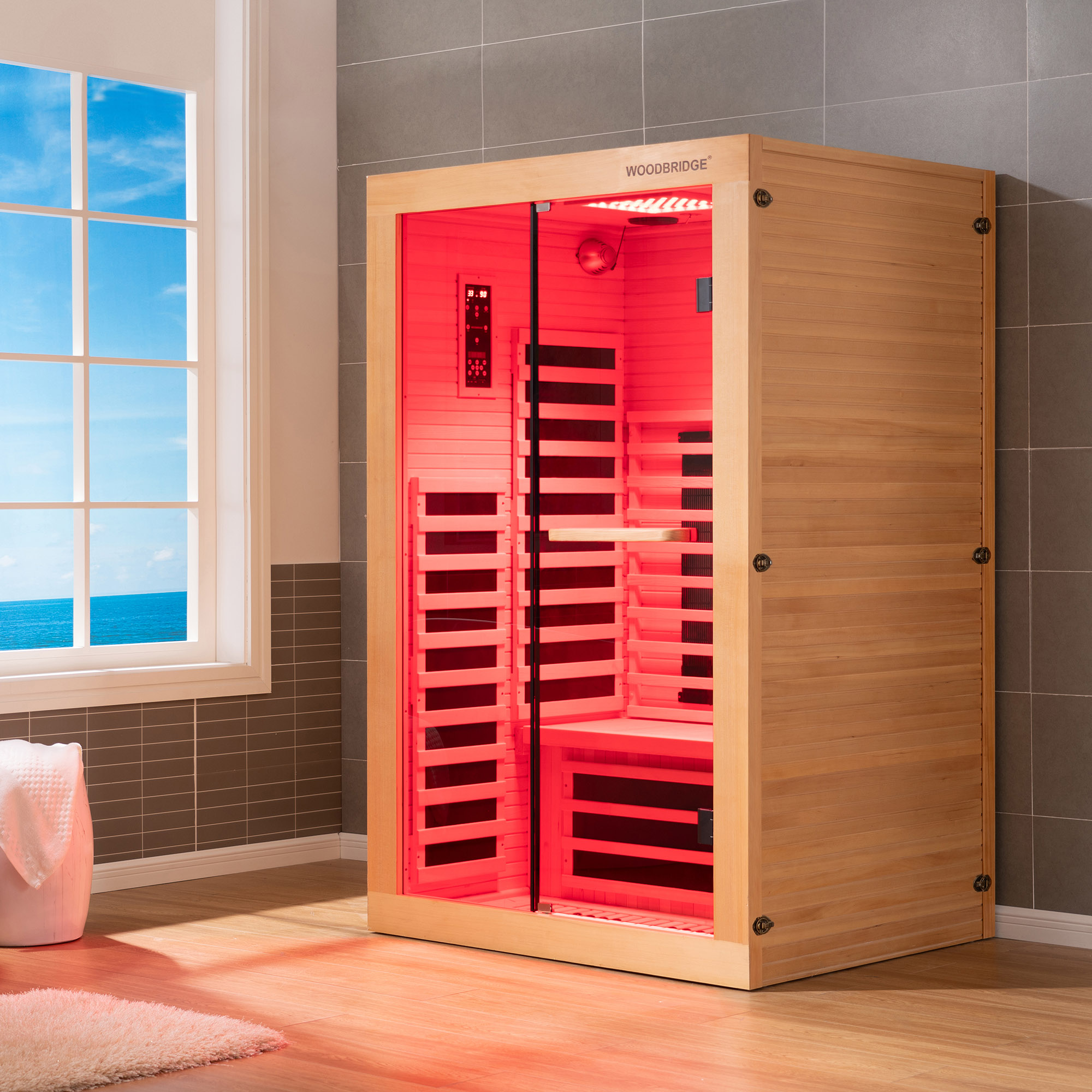  2 Person Canadian Hemlock Wood Infrared Sauna For Home With Touch-Tone Keypad, Led Color Therapy Light, Tempered Glass Door And A Top Vent_20966