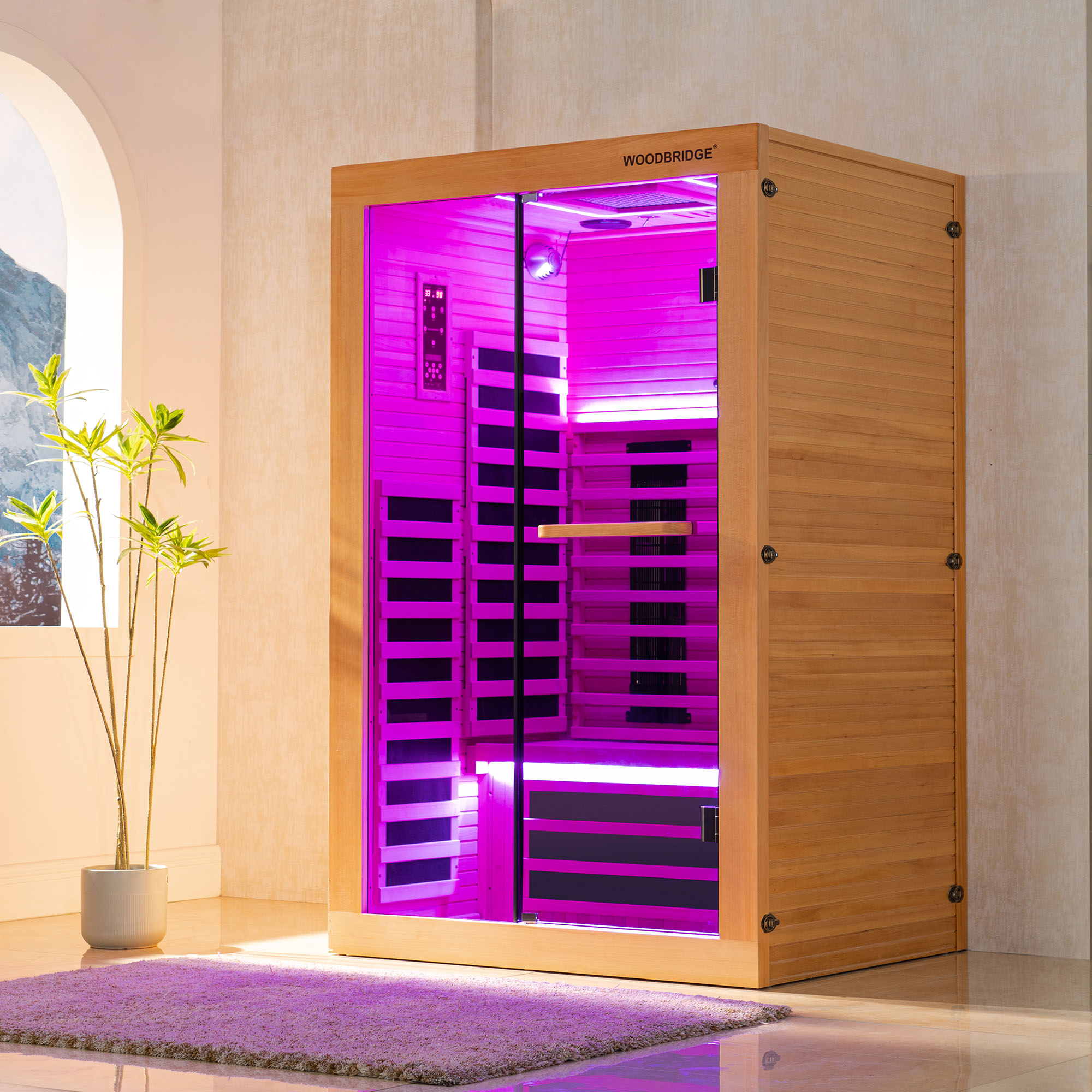  2 Person Canadian Hemlock Wood Infrared Sauna For Home With Touch-Tone Keypad, Led Color Therapy Light, Tempered Glass Door And A Top Vent_20967