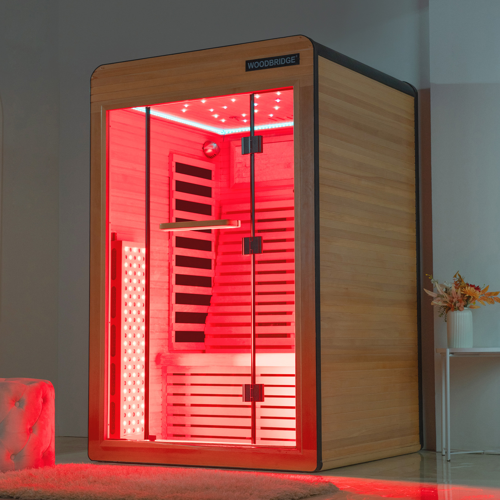  2 Person Canadian Hemlock Wood Infrared Sauna For Home With Touch-Tone Keypad, Led Color Therapy Light, Tempered Glass Door And A Top Vent_20973