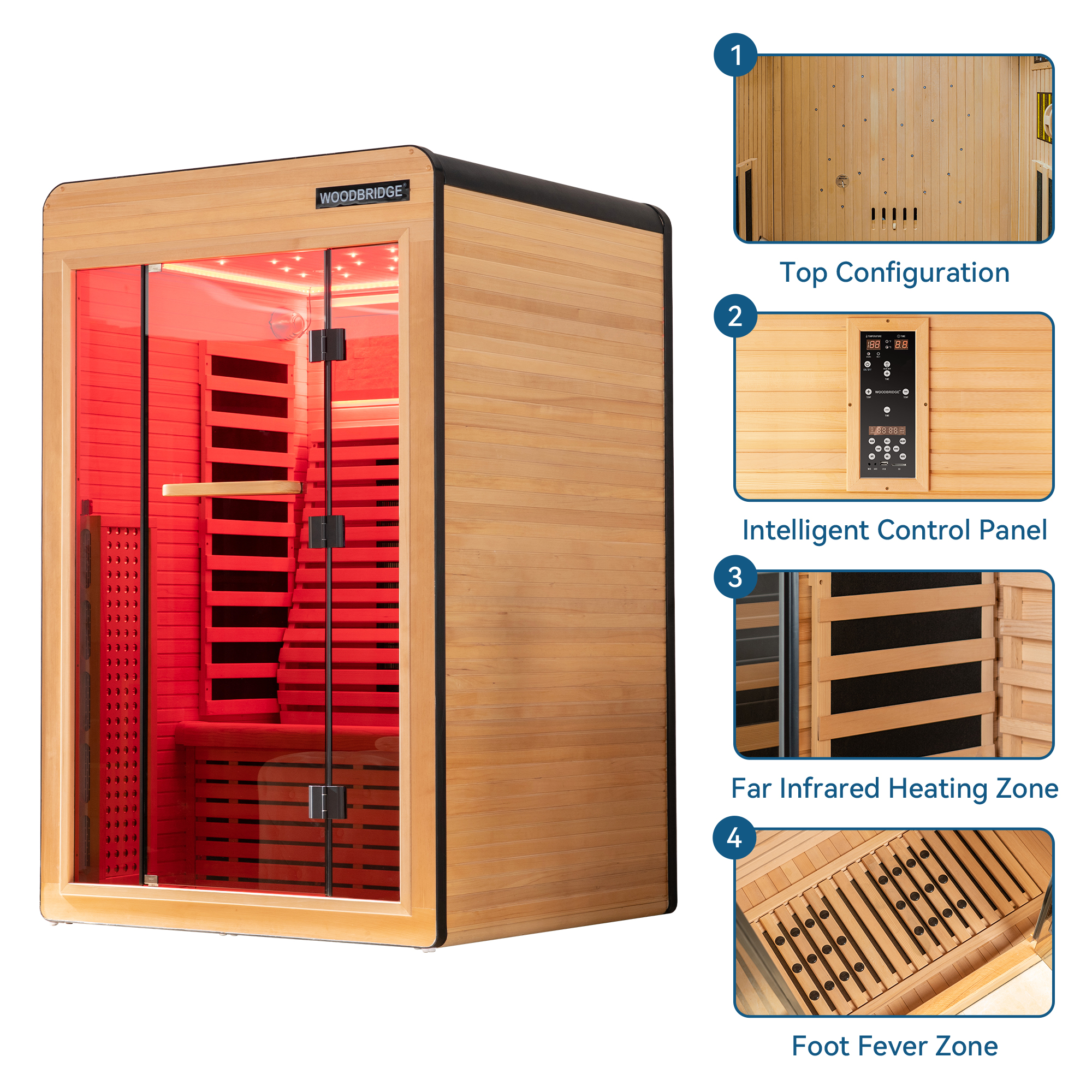  2 Person Canadian Hemlock Wood Infrared Sauna For Home With Touch-Tone Keypad, Led Color Therapy Light, Tempered Glass Door And A Top Vent_20975