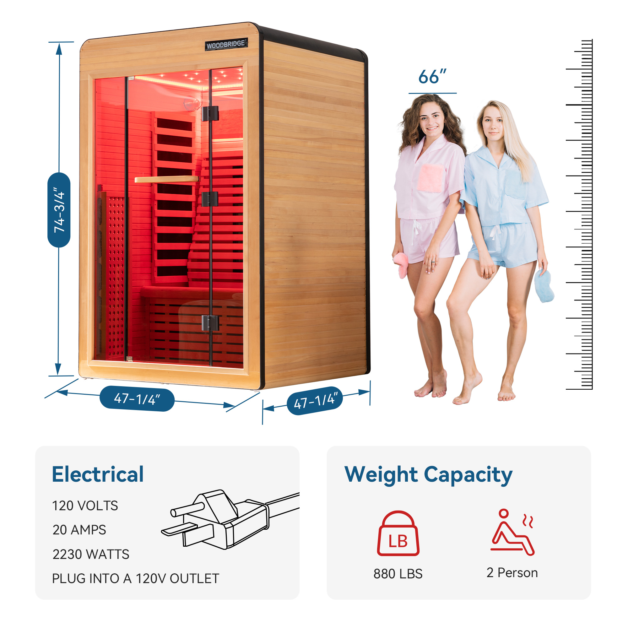  2 Person Canadian Hemlock Wood Infrared Sauna For Home With Touch-Tone Keypad, Led Color Therapy Light, Tempered Glass Door And A Top Vent_20978