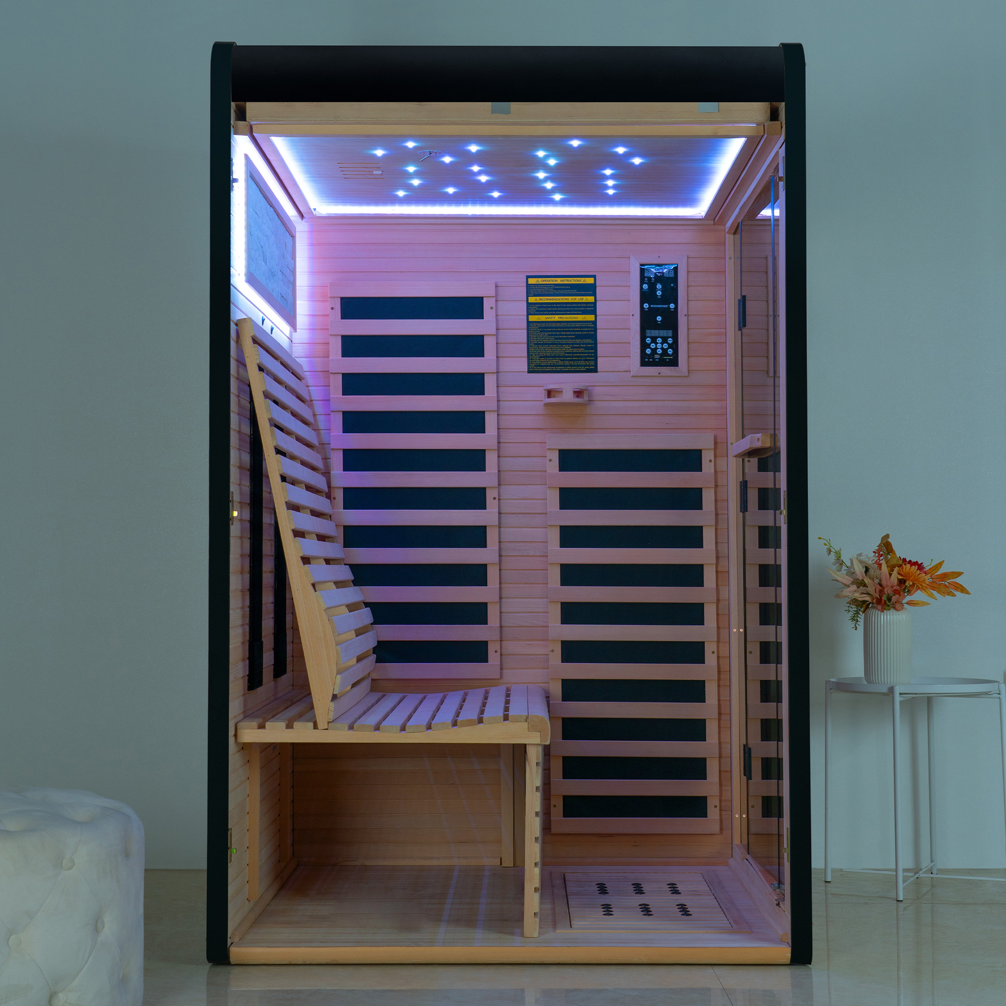  2 Person Canadian Hemlock Wood Infrared Sauna For Home With Touch-Tone Keypad, Led Color Therapy Light, Tempered Glass Door And A Top Vent_23965