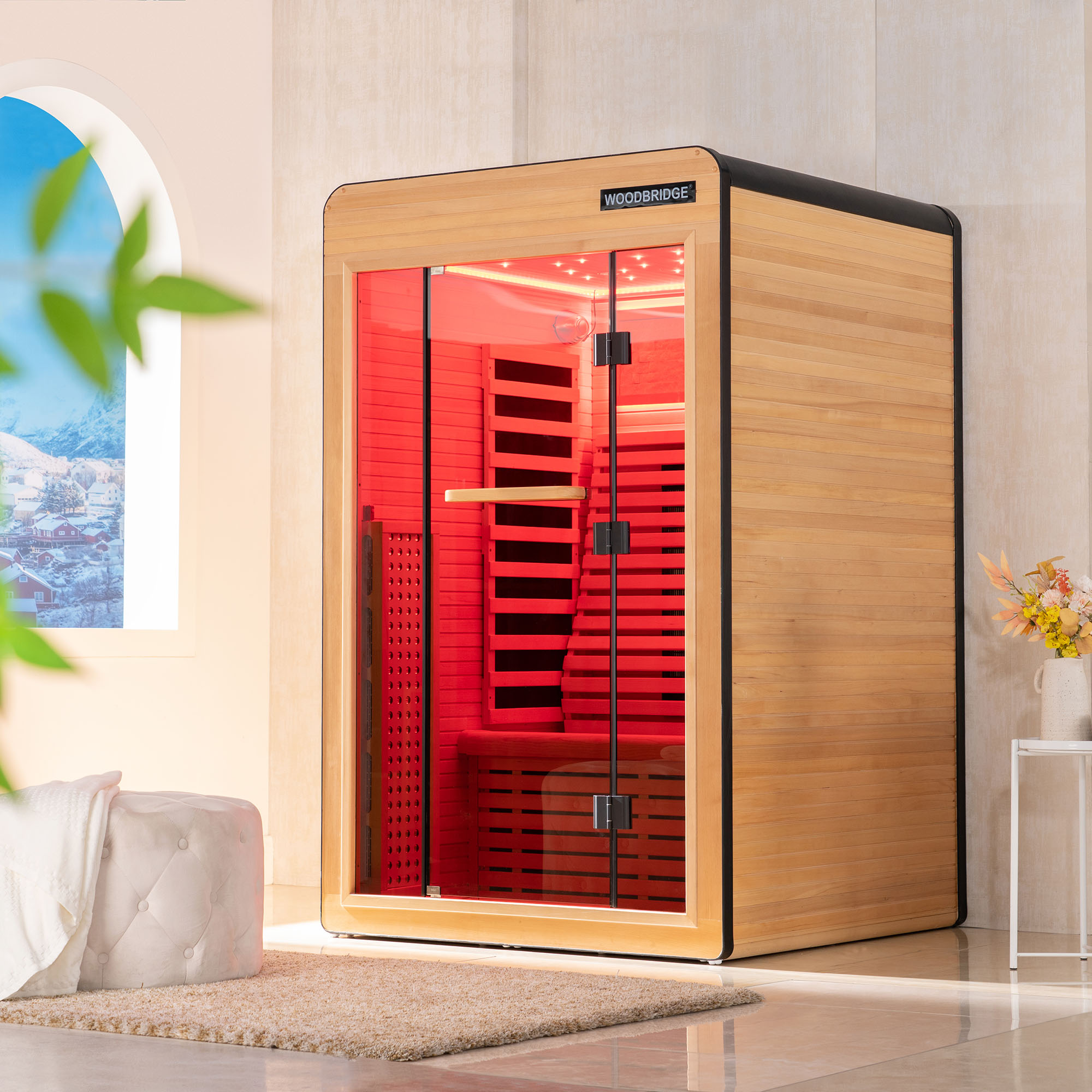  2 Person Canadian Hemlock Wood Infrared Sauna For Home With Touch-Tone Keypad, Led Color Therapy Light, Tempered Glass Door And A Top Vent_20988