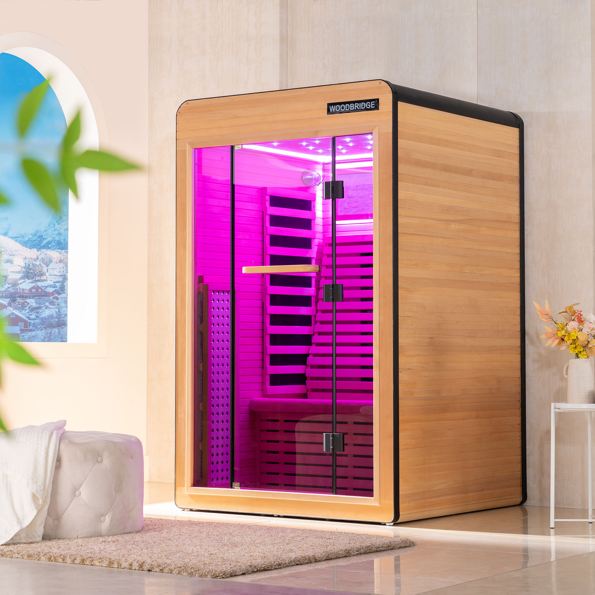  2 Person Canadian Hemlock Wood Infrared Sauna For Home With Touch-Tone Keypad, Led Color Therapy Light, Tempered Glass Door And A Top Vent_20999