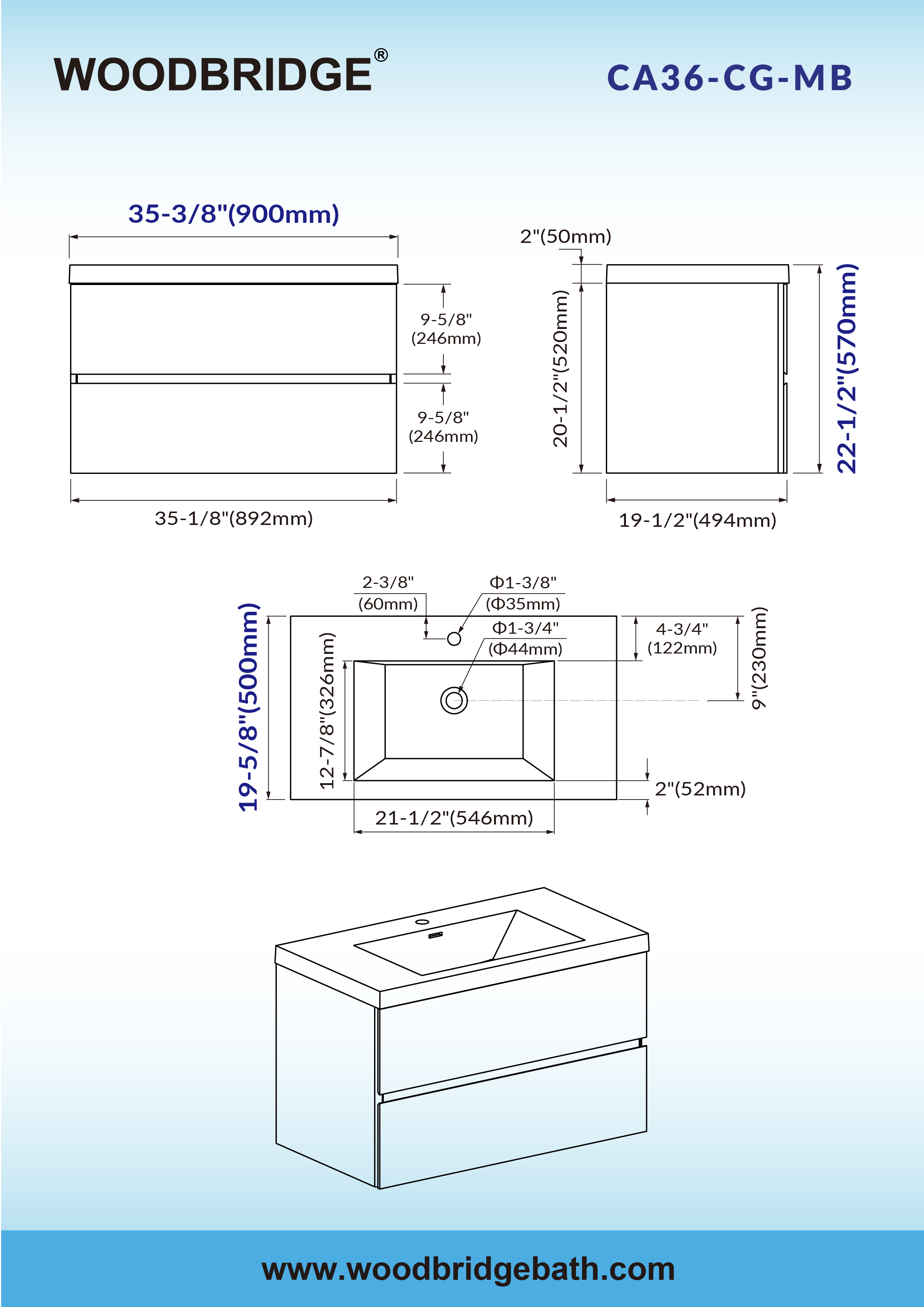  WOODBRIDGE 35-3/8 in. W x 19-5/8 in. D Wall Mounted Floating Bathroom Vanity in Gray with Quartz Sand Composite Vanity Top in Matte Black_16388