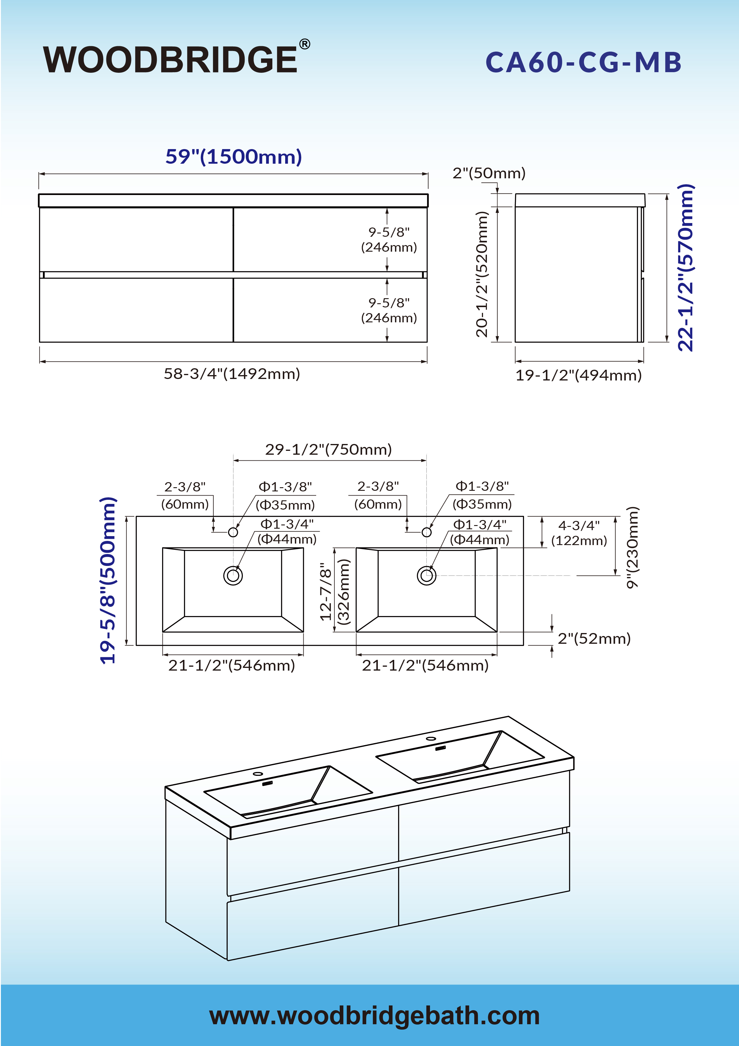  WOODBRIDGE 59 in. W x 19-5/8 in. D Wall Mounted Floating Bathroom Vanity in Gray with Quartz Sand Composite Vanity Top in Matte Black_20564