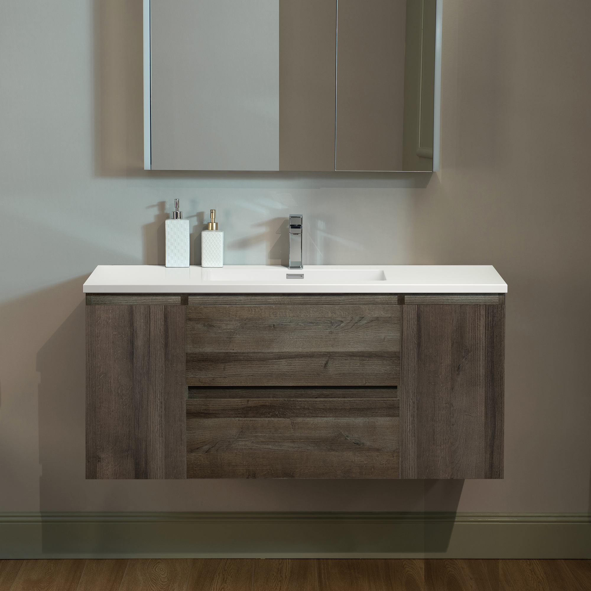 WOODBRIDGE 47-1/4 in. W x 19-5/8 in. D Wall Mounted Floating Vanity in Grey Oak with Resin Composite Vanity Top in Glossy White