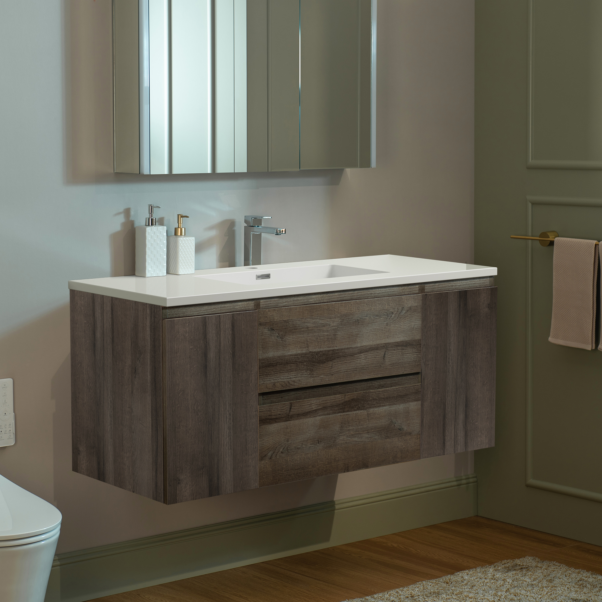  WOODBRIDGE 47-1/4 in. W x 19-5/8 in. D Wall Mounted Floating Vanity in Grey Oak with Resin Composite Vanity Top in Glossy White_20617