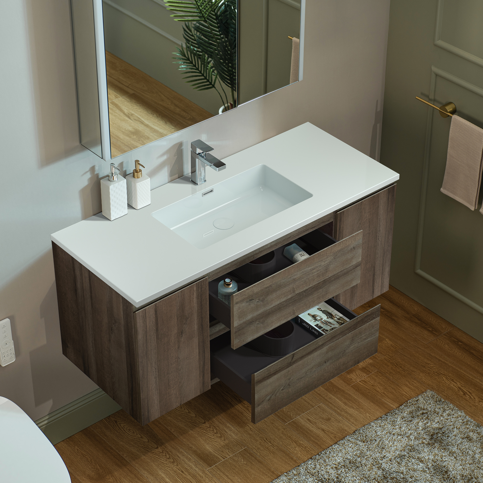  WOODBRIDGE 47-1/4 in. W x 19-5/8 in. D Wall Mounted Floating Vanity in Grey Oak with Resin Composite Vanity Top in Glossy White_20618