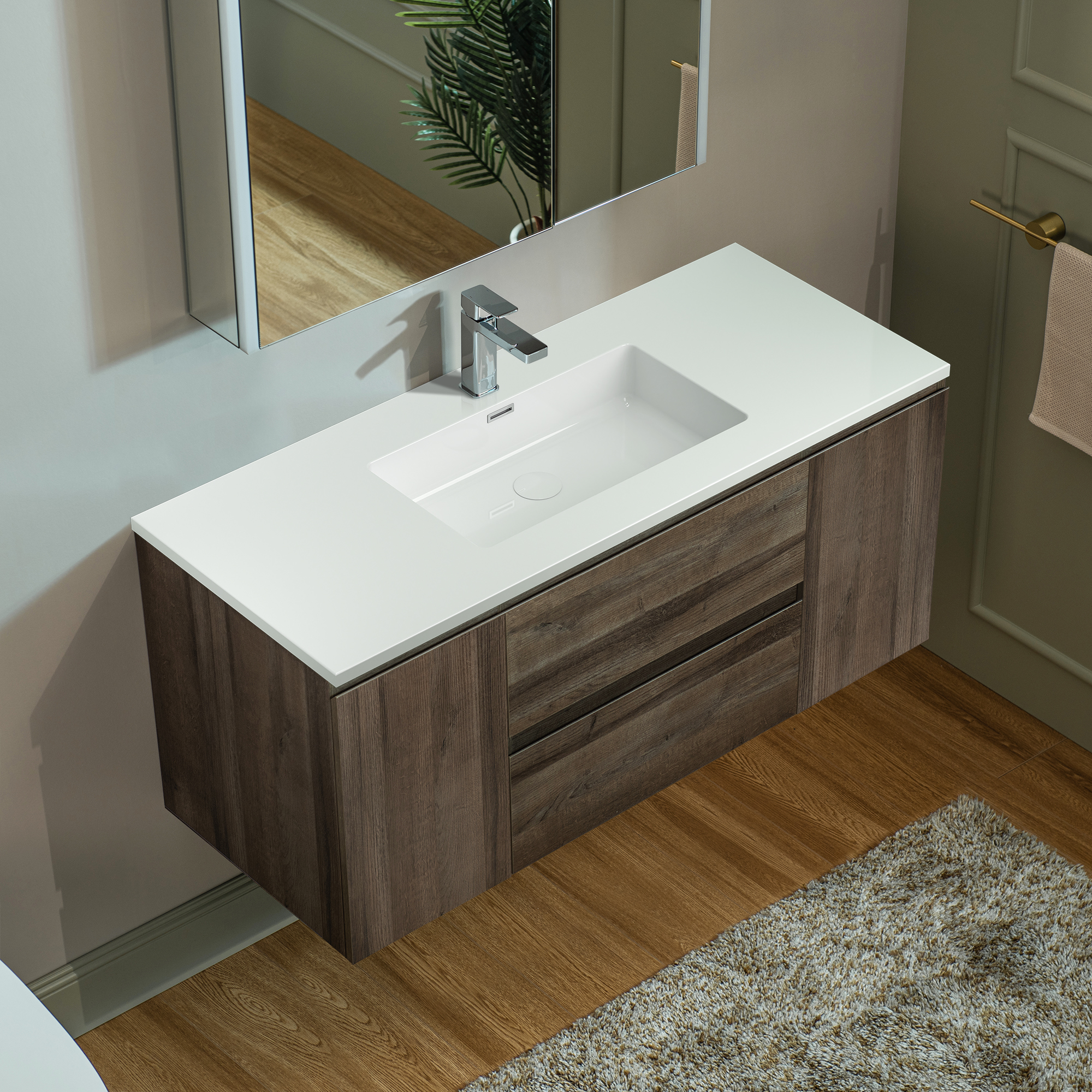  WOODBRIDGE 47-1/4 in. W x 19-5/8 in. D Wall Mounted Floating Vanity in Grey Oak with Resin Composite Vanity Top in Glossy White_23990