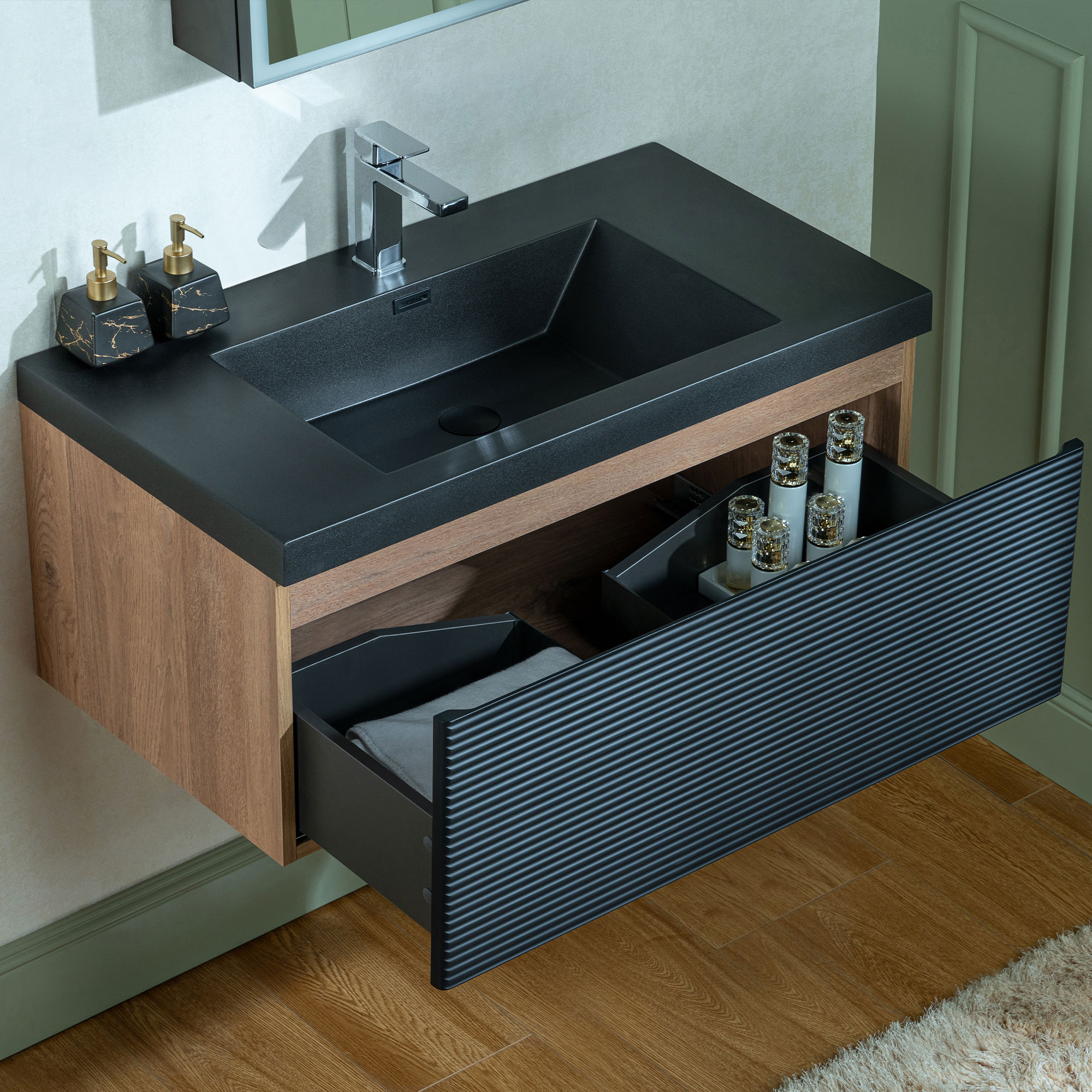  WOODBRIDGE 35-3/8 in. W x 19-5/8 in. D Wall Mounted Floating Multi-layer Engineering Wood Bathroom Vanity with Premium Black Sintered Stone Vanity Top_23995