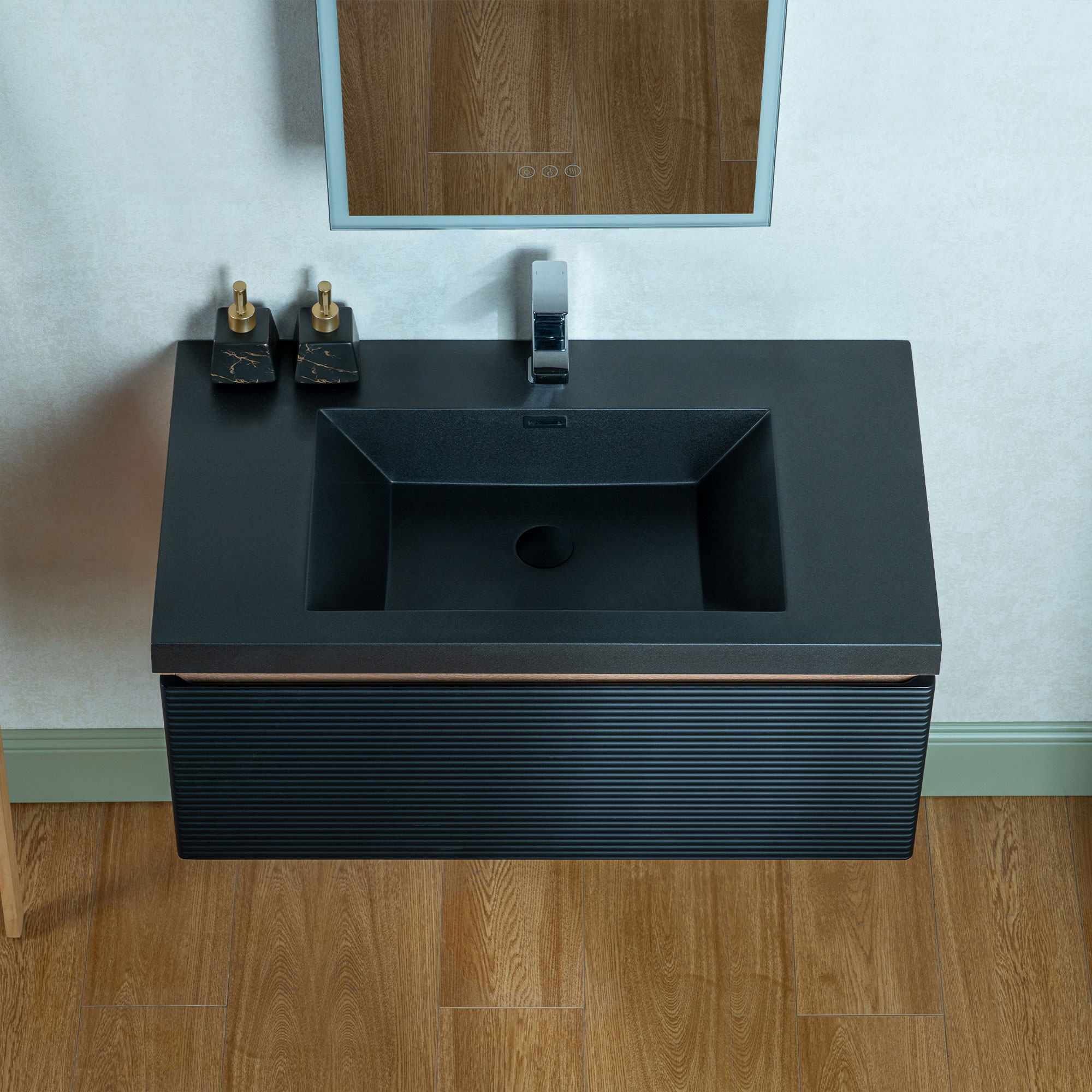  WOODBRIDGE 35-3/8 in. W x 19-5/8 in. D Wall Mounted Floating Multi-layer Engineering Wood Bathroom Vanity with Premium Black Sintered Stone Vanity Top_23996