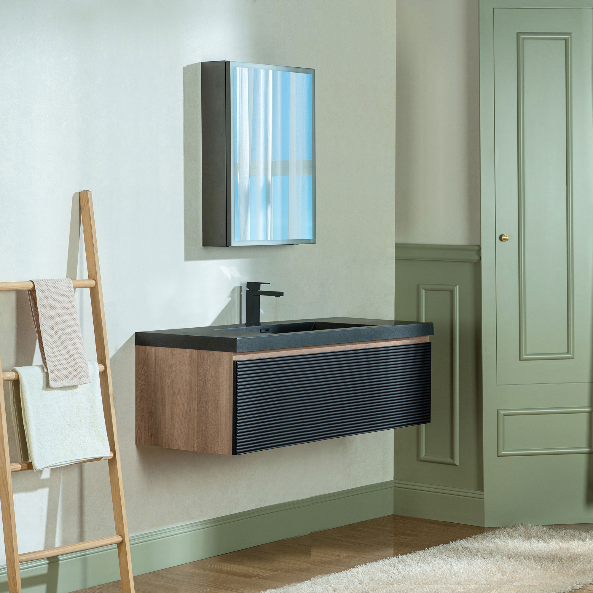  WOODBRIDGE 47-1/4 in. W x 19-5/8 in. D Wall Mounted Floating Multi-layer Engineering Wood Bathroom Vanity with Premium Black Sintered Stone Vanity Top_24005