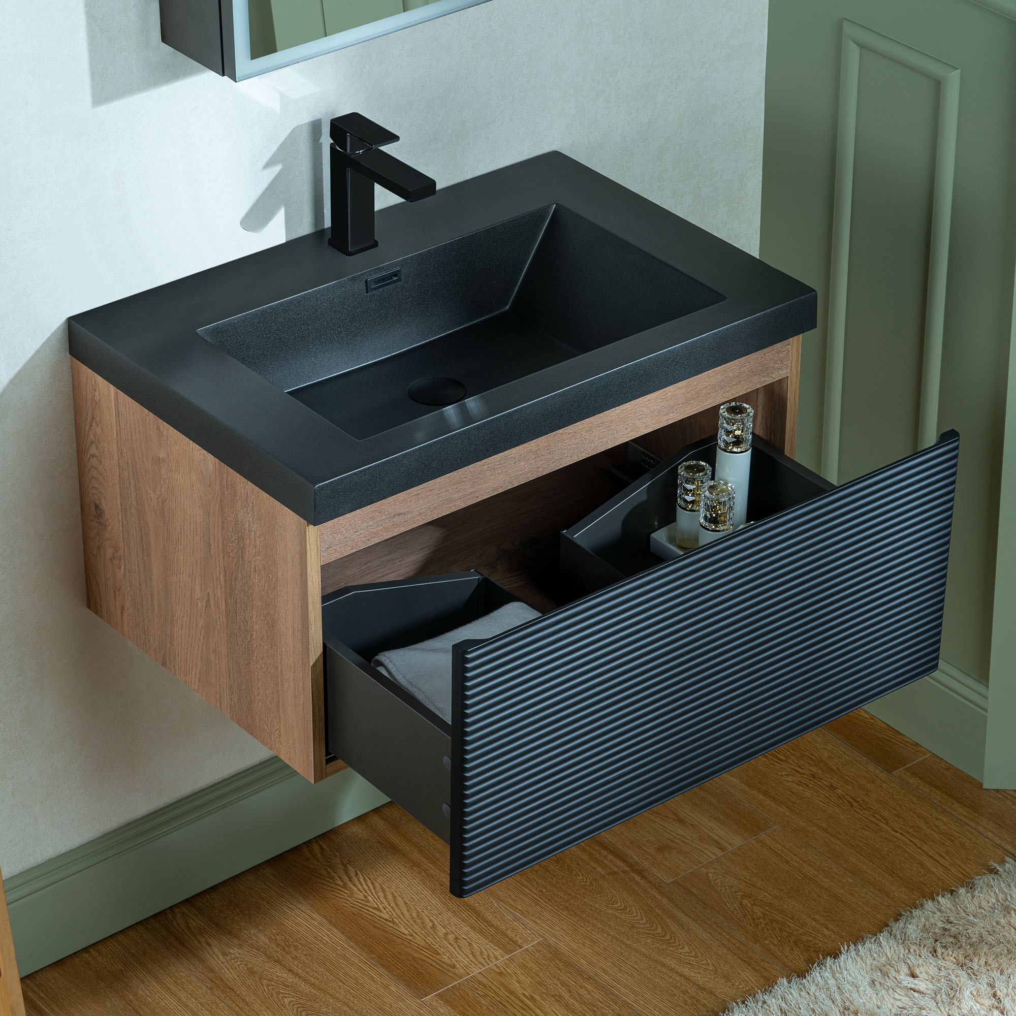  WOODBRIDGE 29-1/2 in. W x 19-5/8 in. D Wall Mounted Floating Multi-layer Engineering Wood Bathroom Vanity with Premium Black Sintered Stone Vanity Top_24013