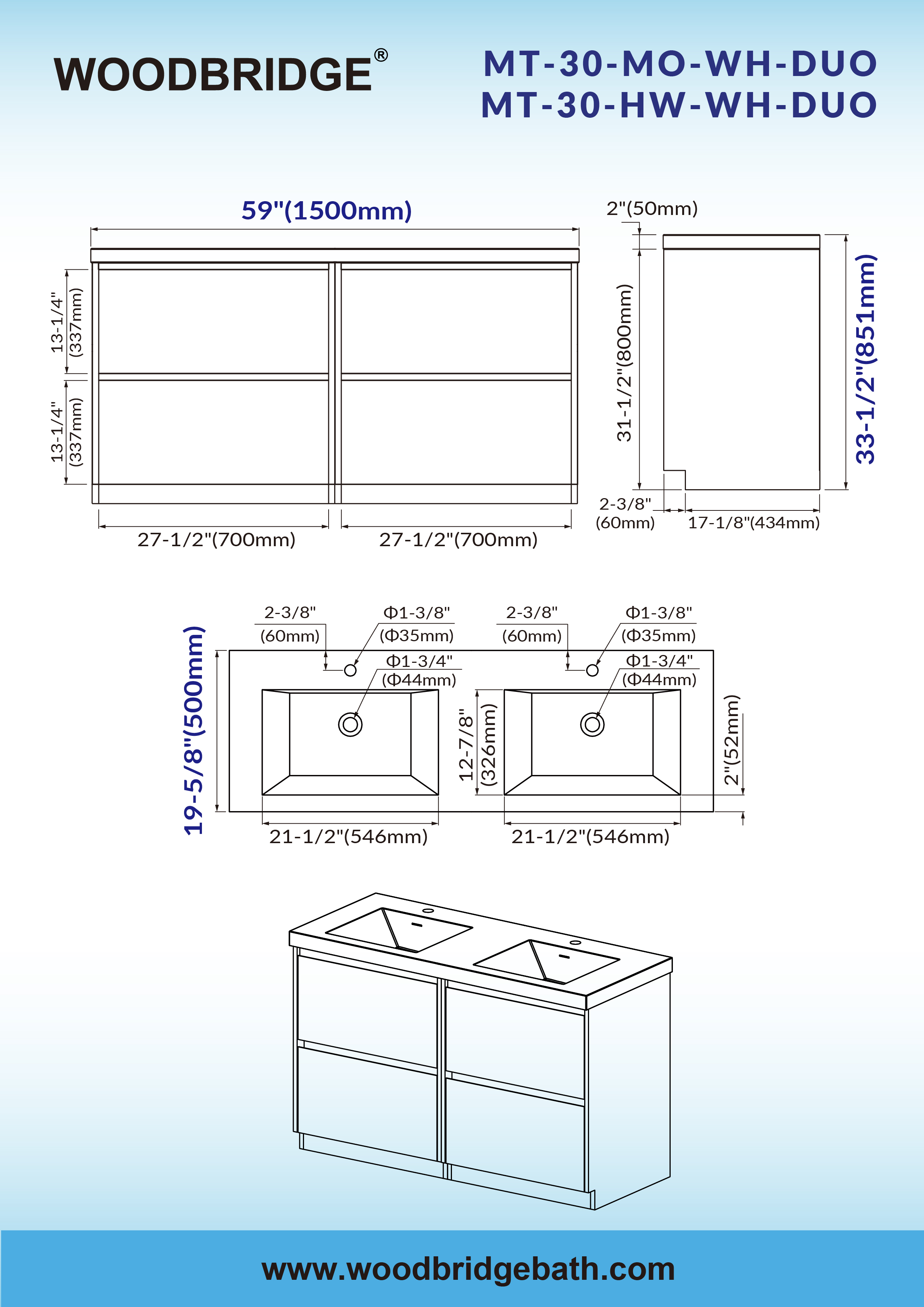  WOODBRIDGE 59 in. W x 19-5/8 in. D Freestanding Double Vanity with Resin Composite Double Sink Vanity Top in White_24024