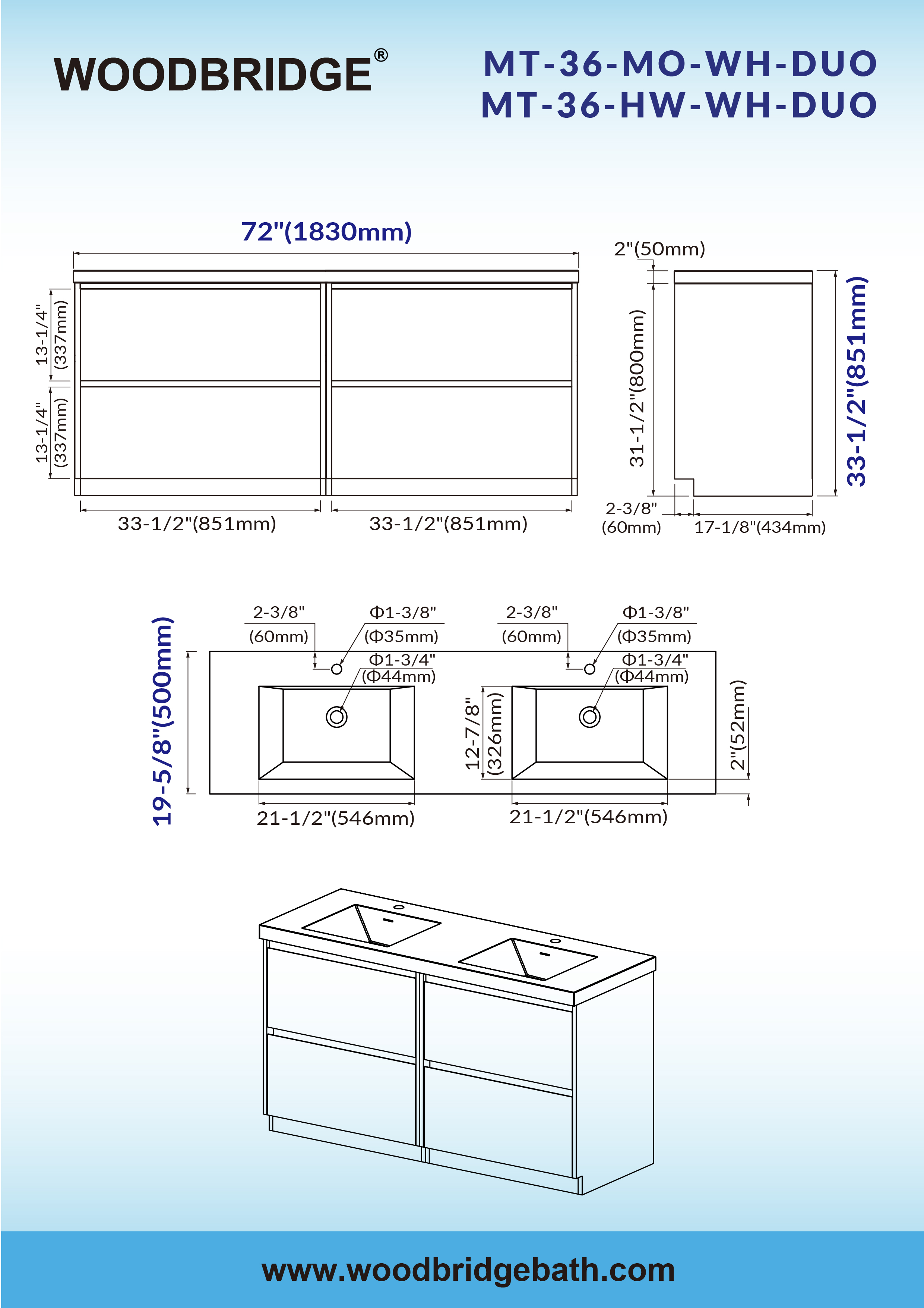  WOODBRIDGE 72 in. W x 19-5/8 in. D Freestanding Double Vanity with Resin Composite Double Sink Vanity Top in White_24028