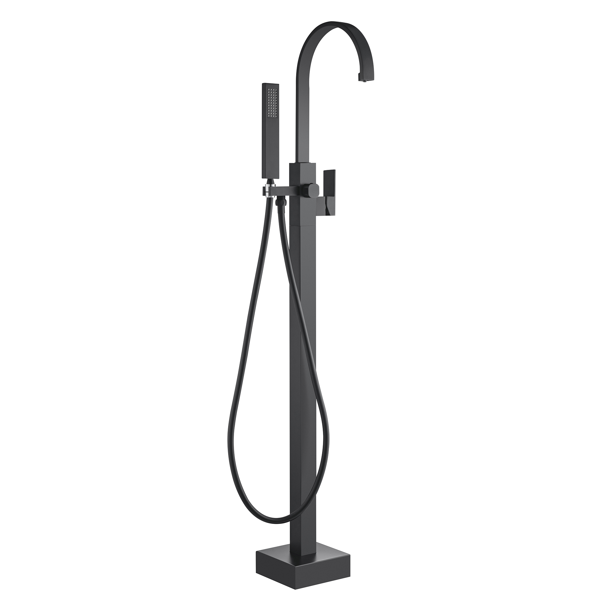 WOODBRIDGE F0062MB Contemporary Single Handle Floor Mount Freestanding Tub Filler Faucet with Hand Shower in Matte Black Finish.