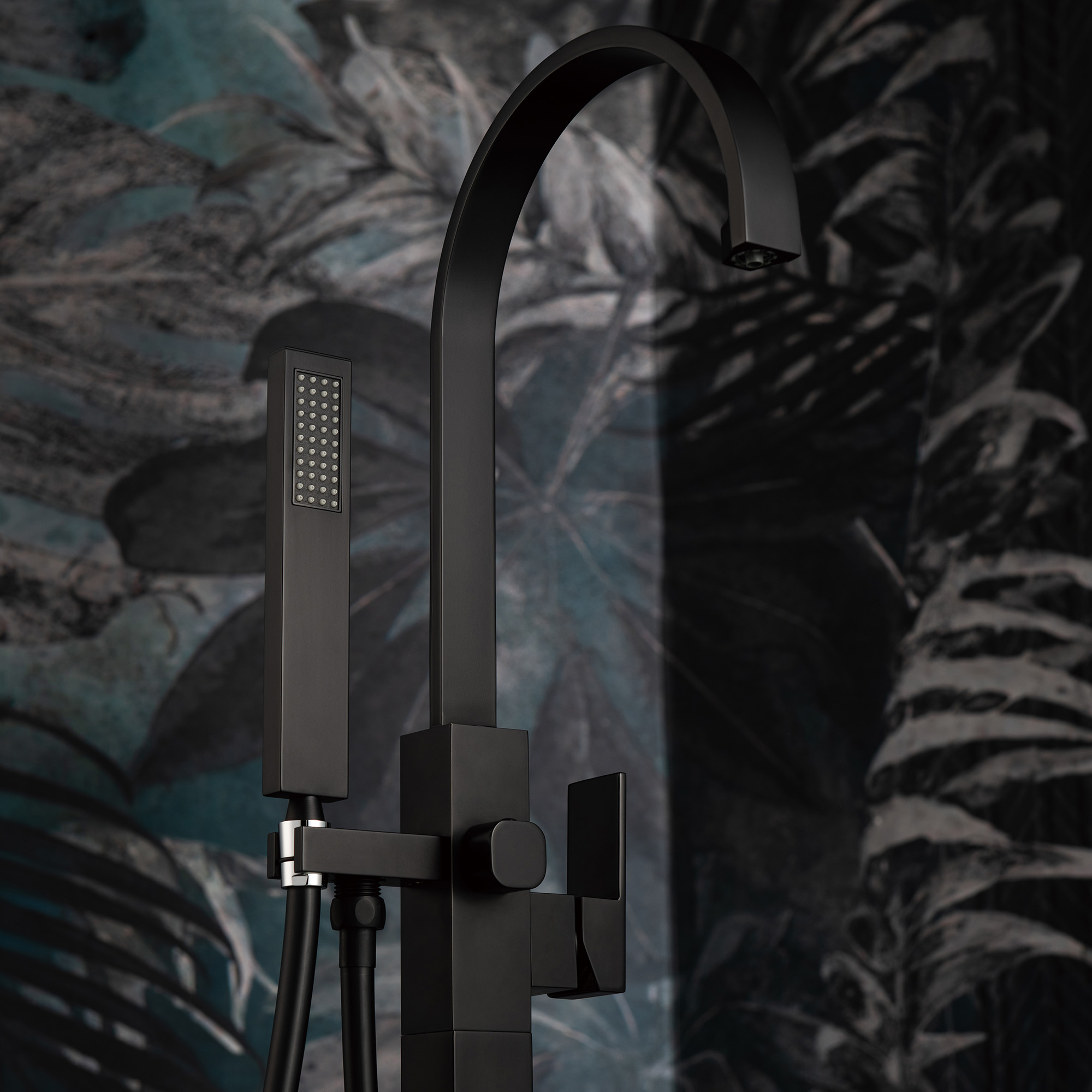  WOODBRIDGE F0062MB Contemporary Single Handle Floor Mount Freestanding Tub Filler Faucet with Hand Shower in Matte Black Finish._24041