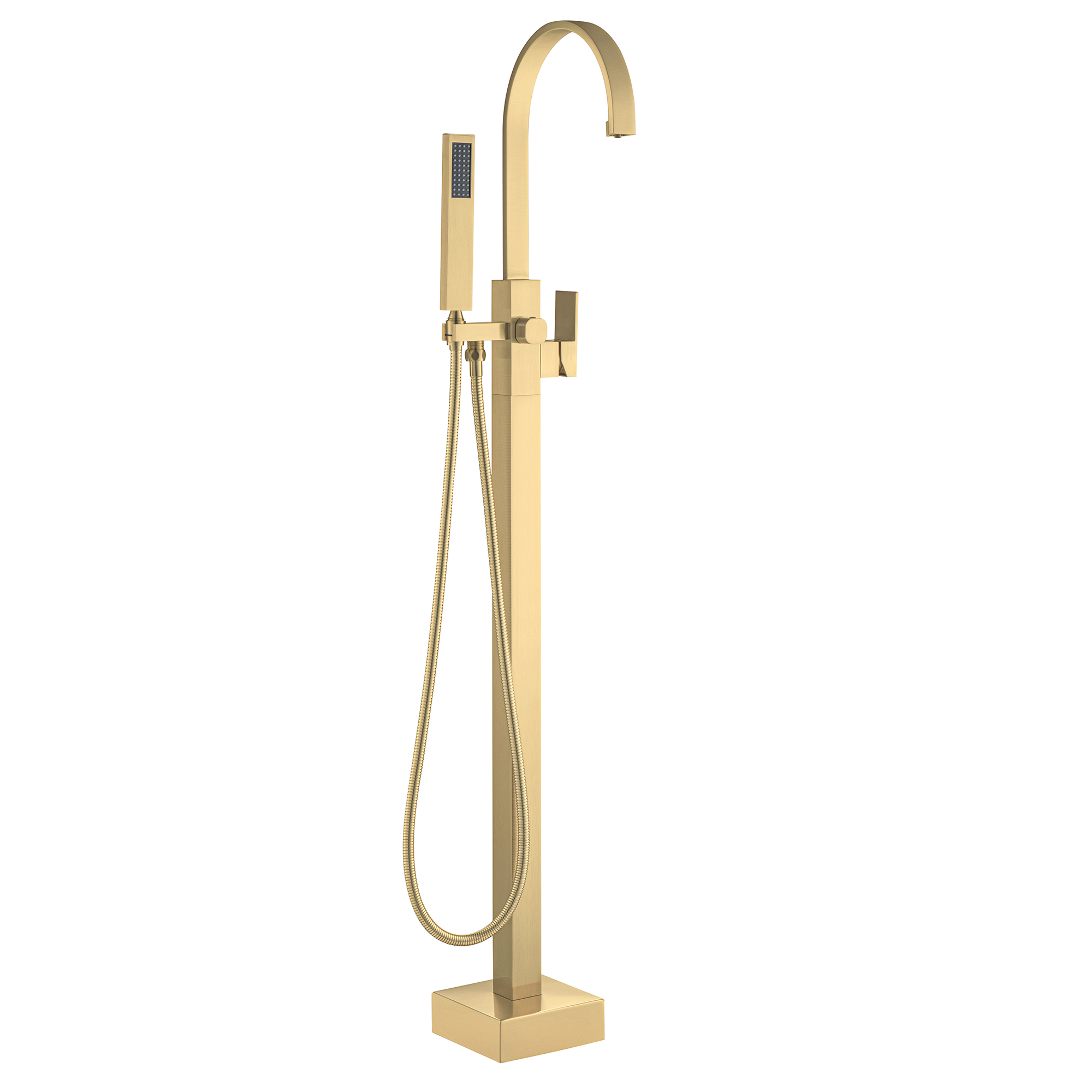 WOODBRIDGE F0063BG Contemporary Single Handle Floor Mount Freestanding Tub Filler Faucet with Hand Shower in Brushed Gold Finish.