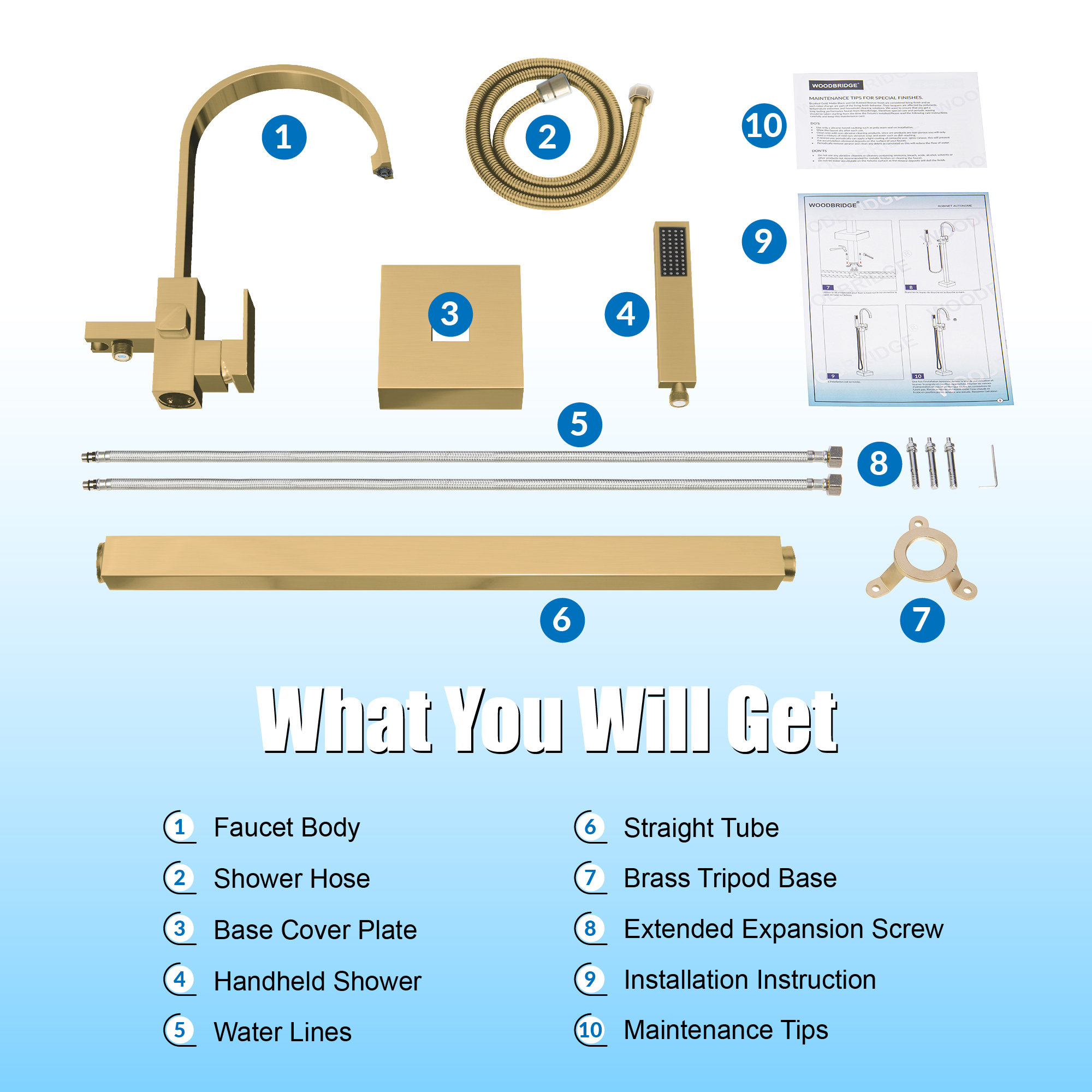  WOODBRIDGE F0063BG Contemporary Single Handle Floor Mount Freestanding Tub Filler Faucet with Hand Shower in Brushed Gold Finish._24059