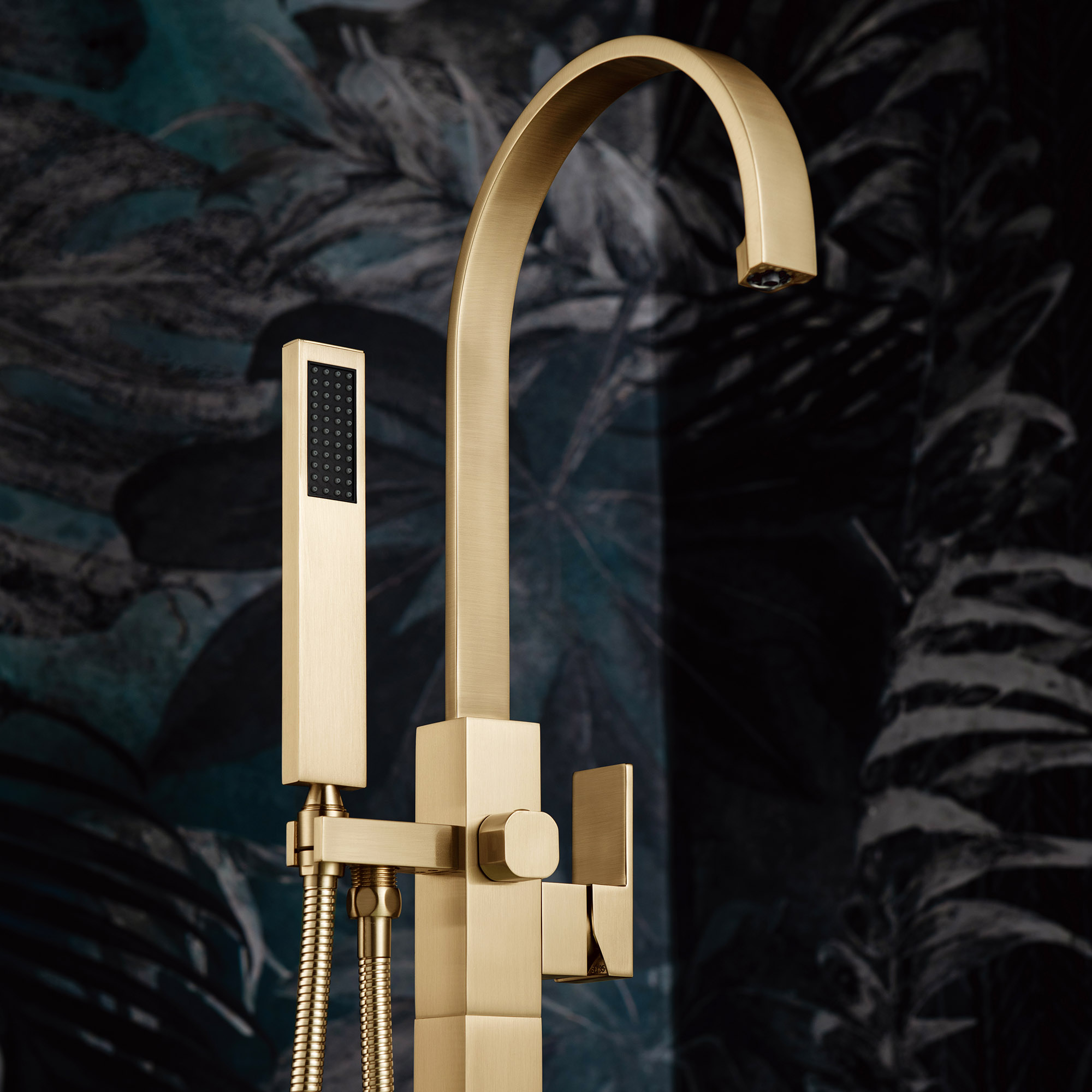  WOODBRIDGE F0063BG Contemporary Single Handle Floor Mount Freestanding Tub Filler Faucet with Hand Shower in Brushed Gold Finish._24060