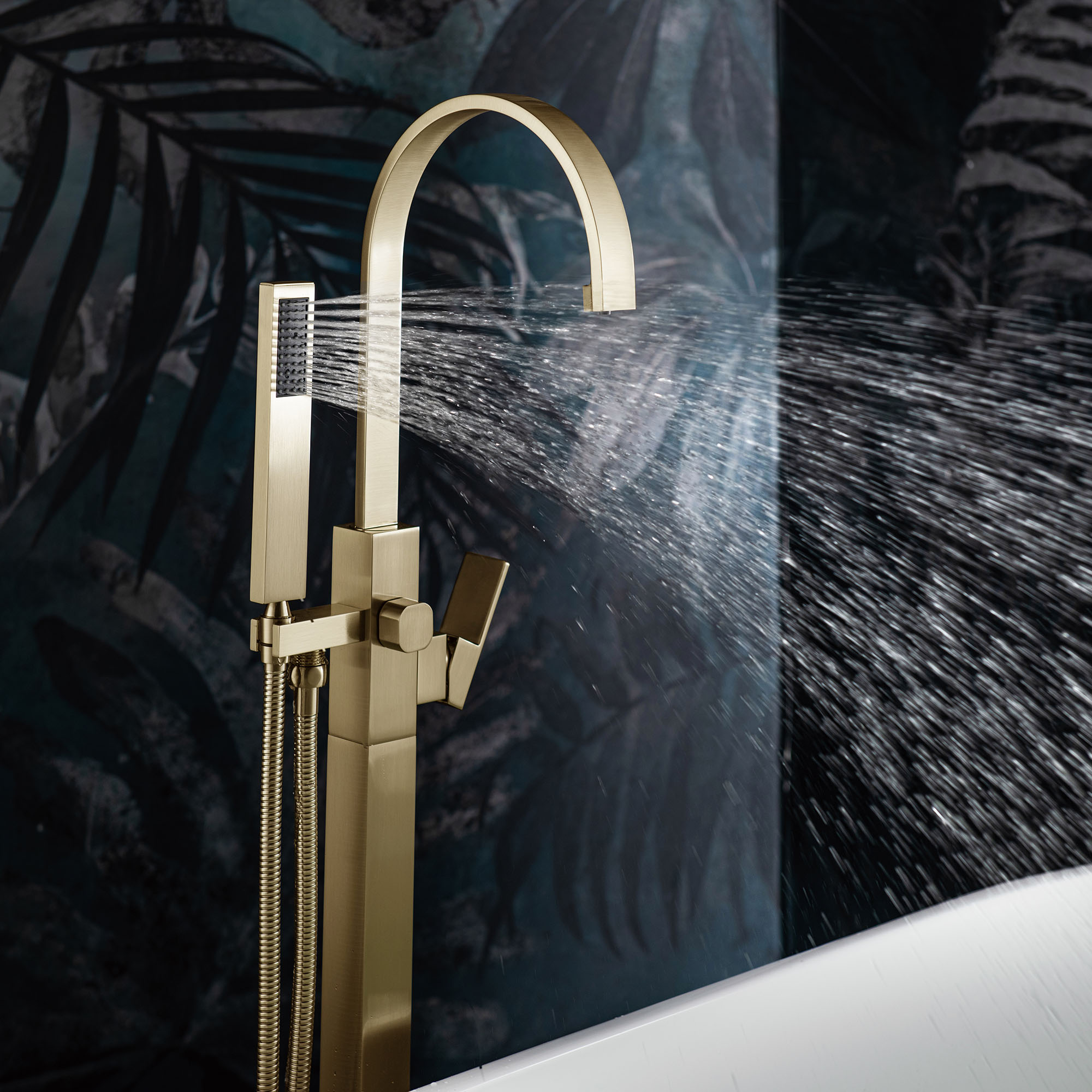  WOODBRIDGE F0063BG Contemporary Single Handle Floor Mount Freestanding Tub Filler Faucet with Hand Shower in Brushed Gold Finish._24061