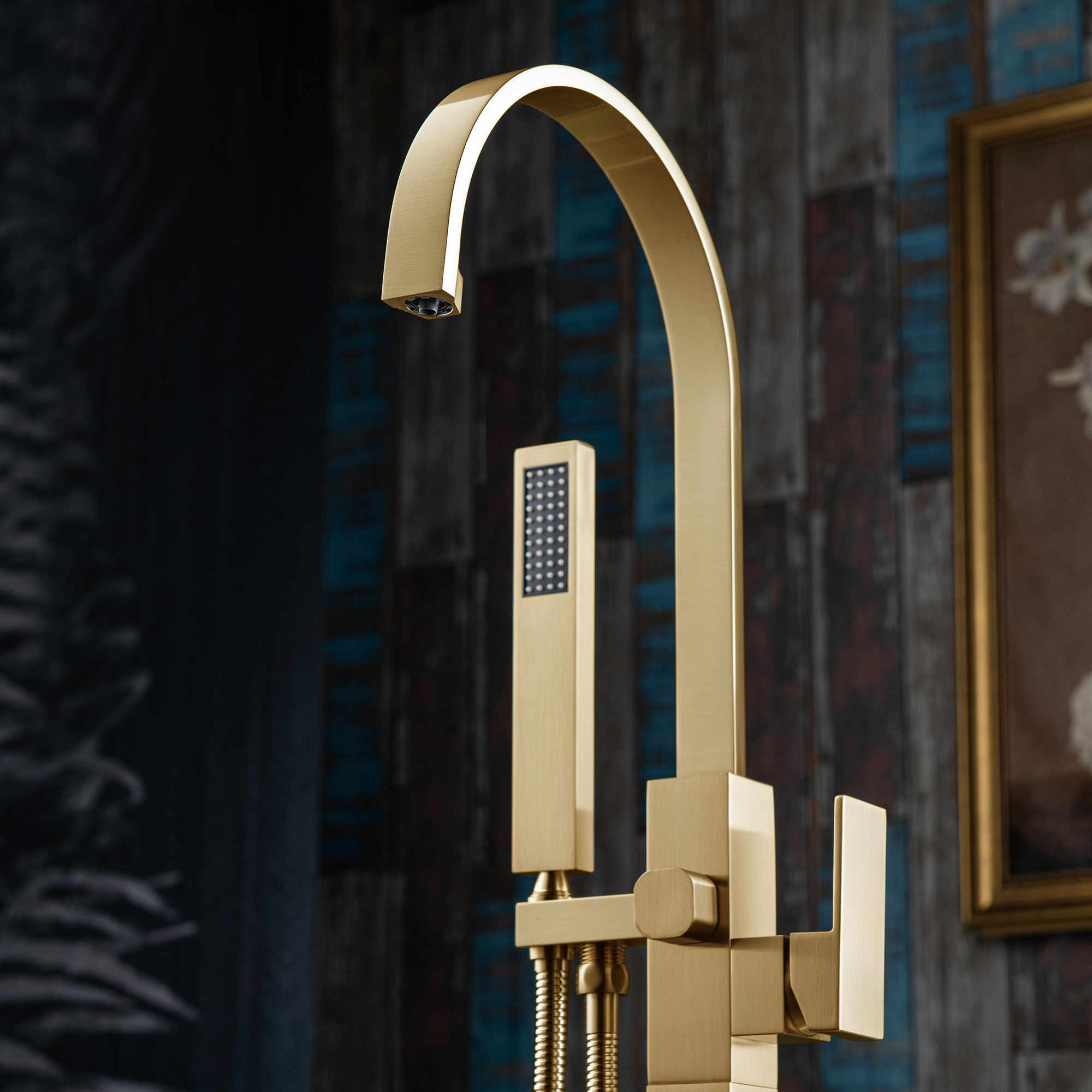  WOODBRIDGE F0063BG Contemporary Single Handle Floor Mount Freestanding Tub Filler Faucet with Hand Shower in Brushed Gold Finish._24062