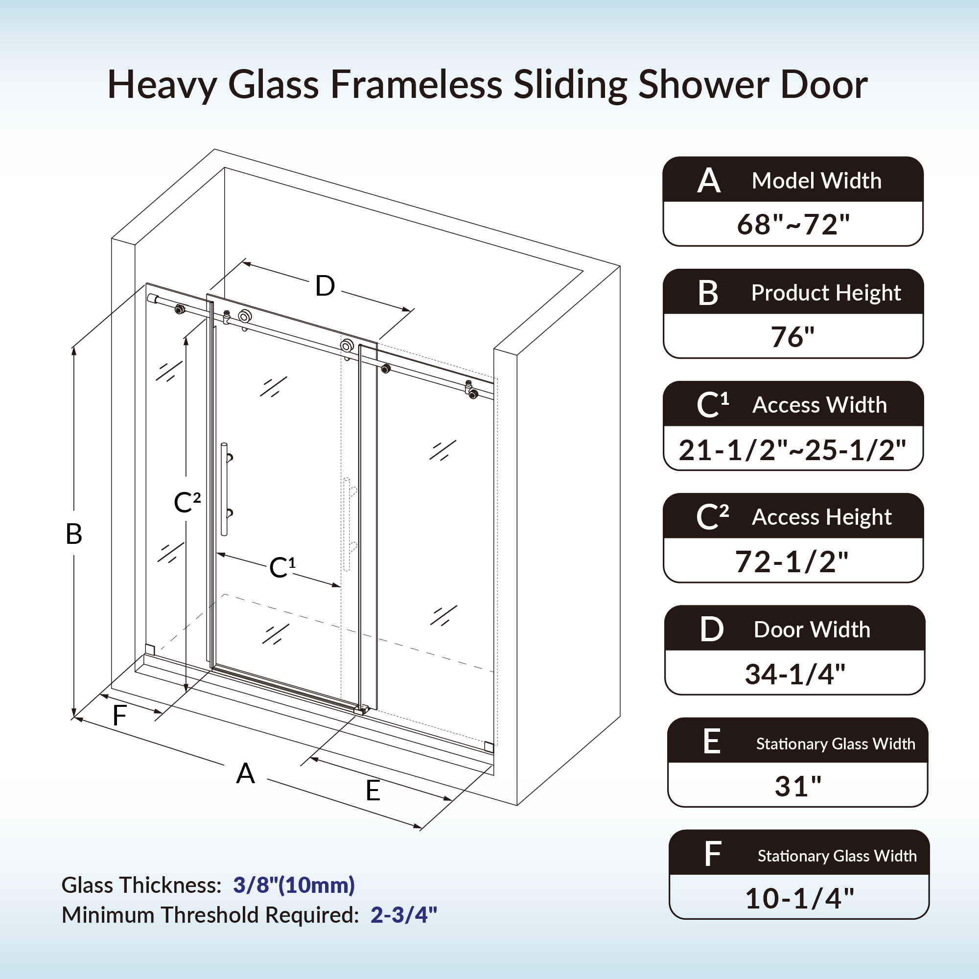  WOODBRIDGE Frameless Shower Doors 68-72