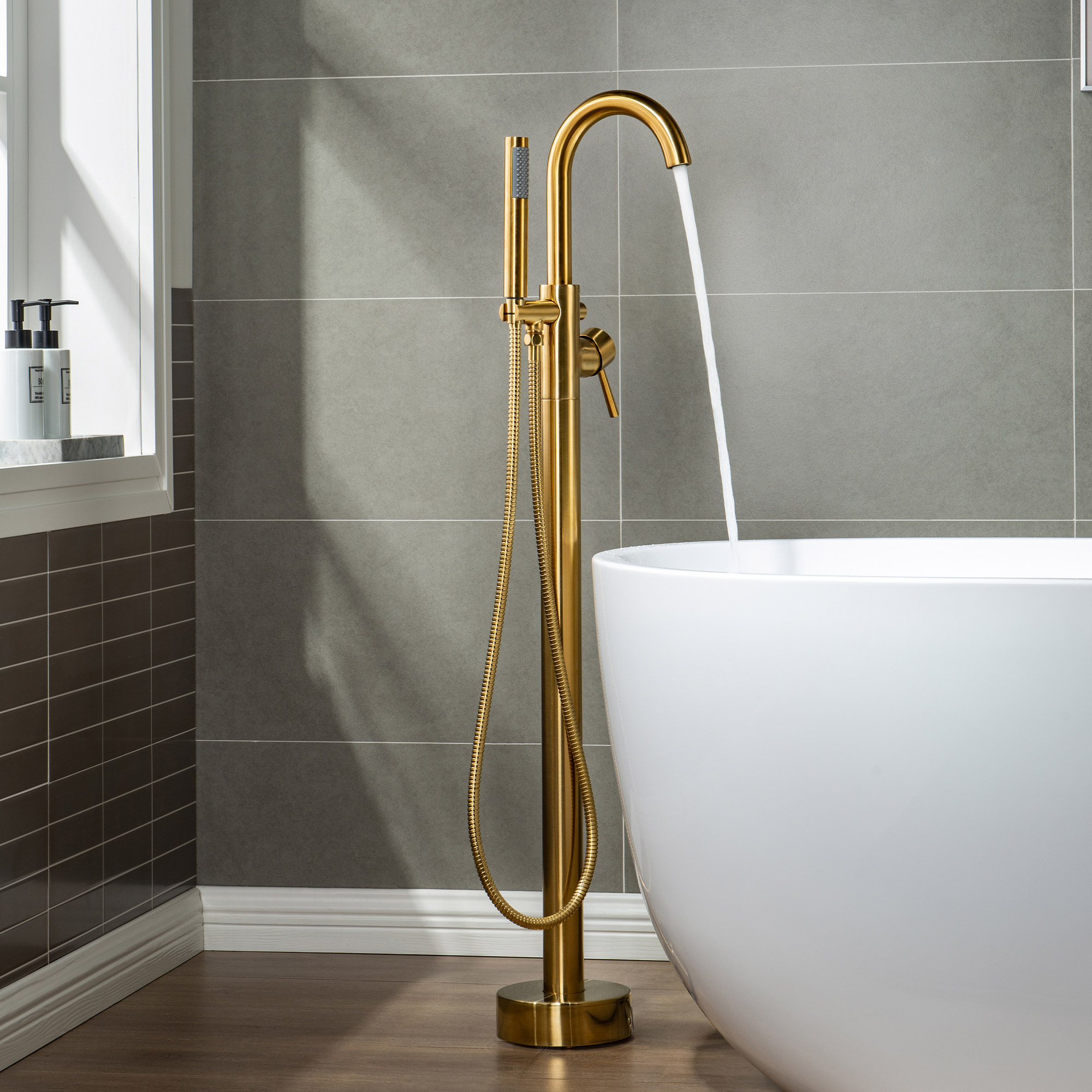 WOODBRIDGE F0007BGRD Contemporary Single Handle Floor Mount Freestanding Tub Filler Faucet with Hand shower in Brushed Gold Finish._24695