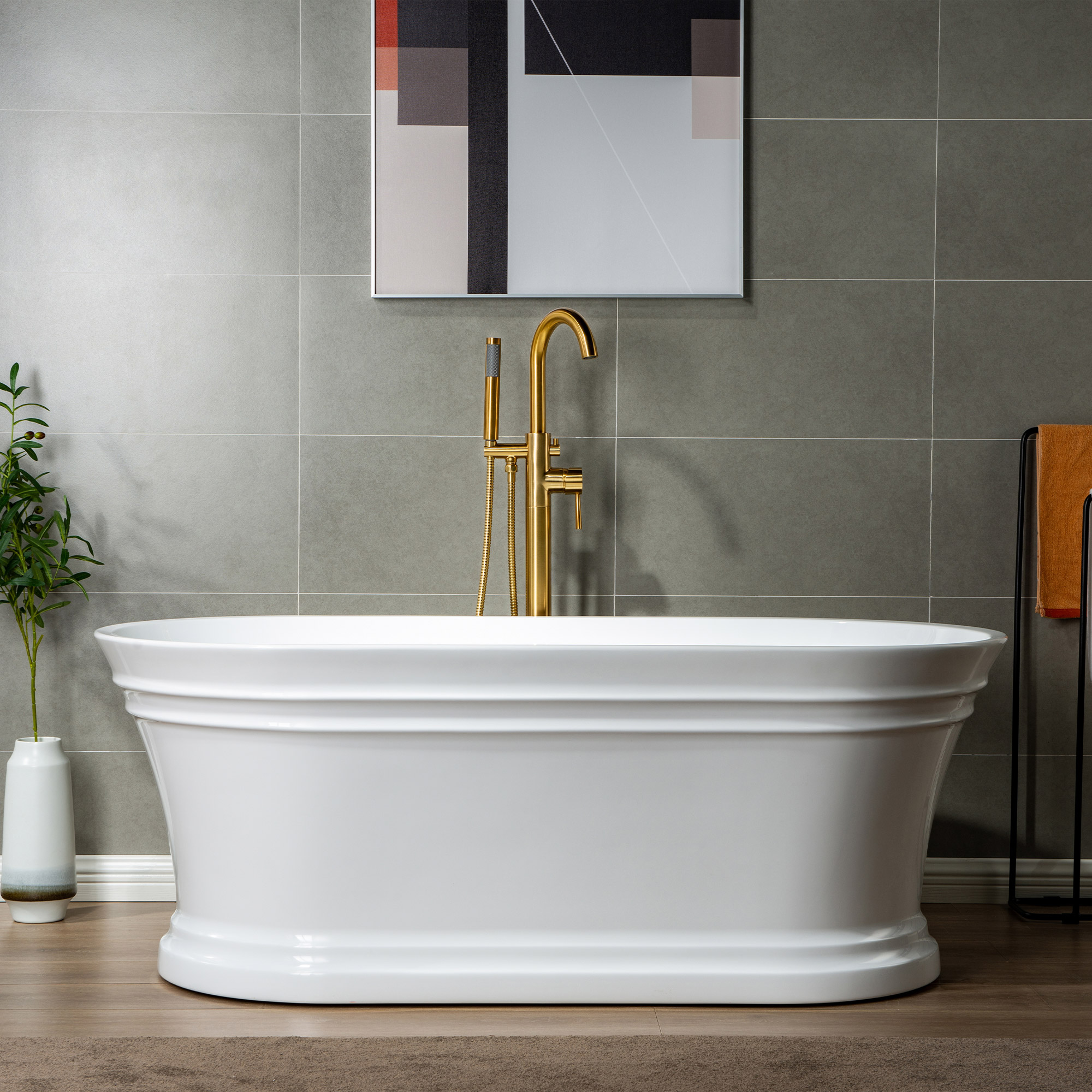  WOODBRIDGE F0007BGRD Contemporary Single Handle Floor Mount Freestanding Tub Filler Faucet with Hand shower in Brushed Gold Finish._24696