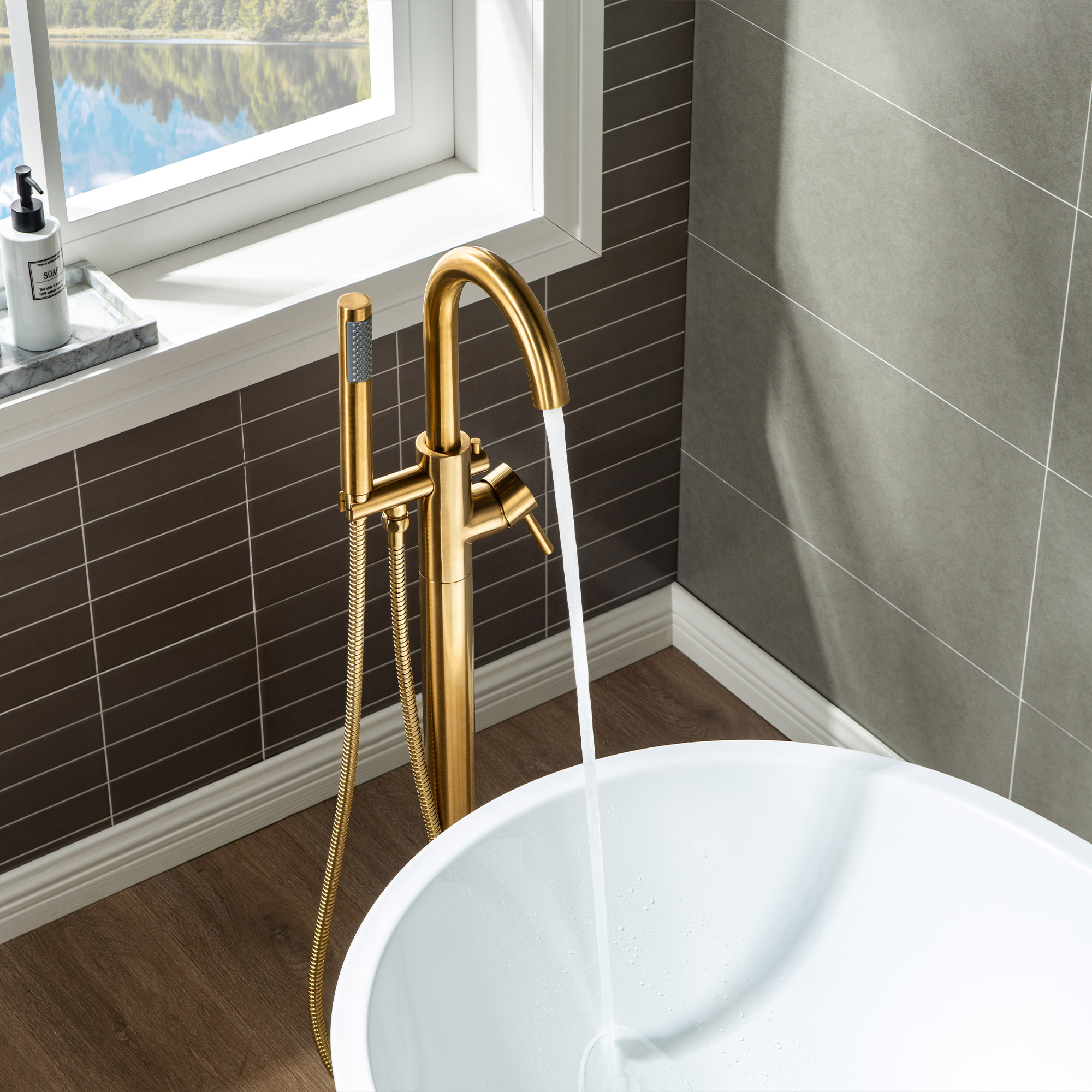  WOODBRIDGE F0007BGRD Contemporary Single Handle Floor Mount Freestanding Tub Filler Faucet with Hand shower in Brushed Gold Finish._24697