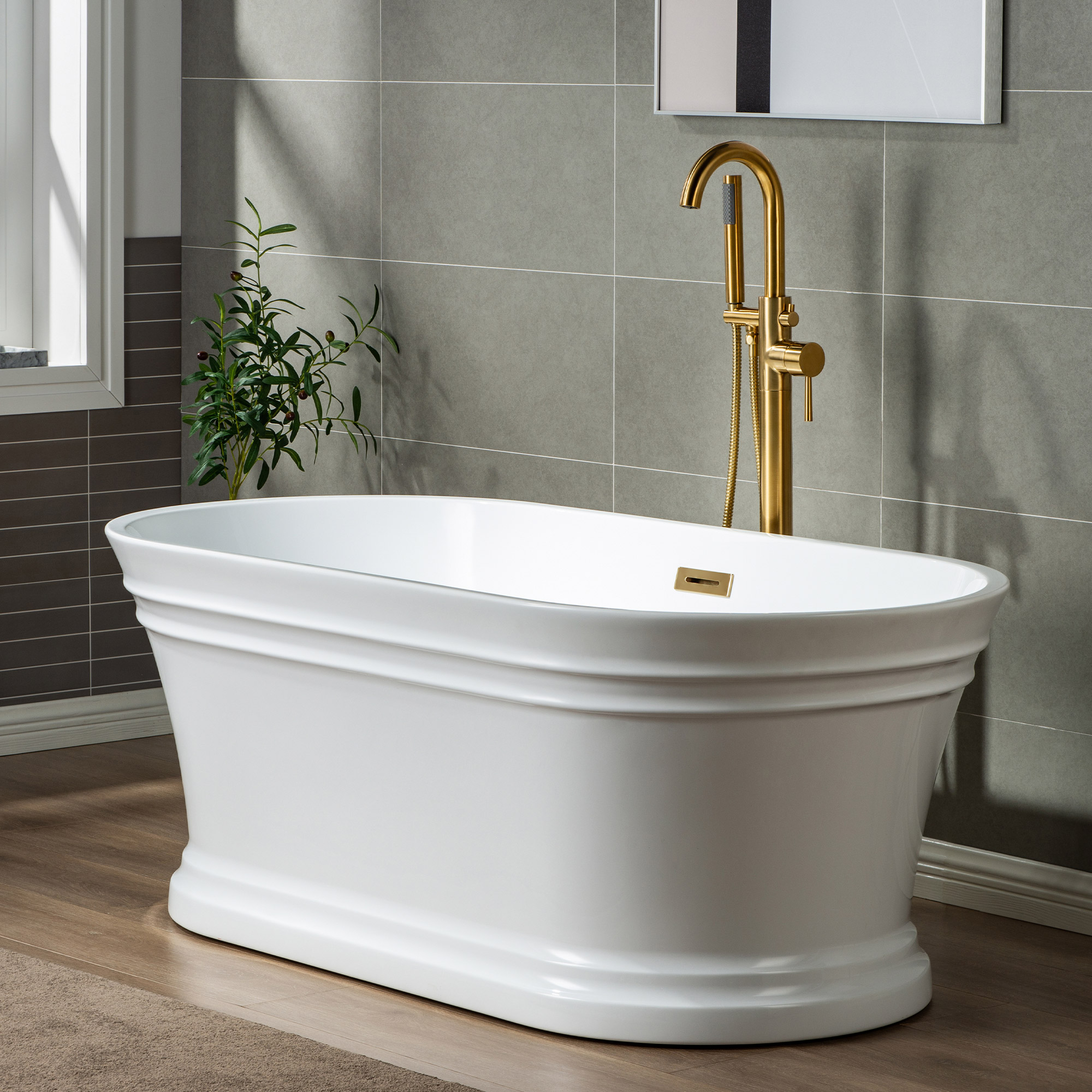  WOODBRIDGE F0007BGRD Contemporary Single Handle Floor Mount Freestanding Tub Filler Faucet with Hand shower in Brushed Gold Finish._24698