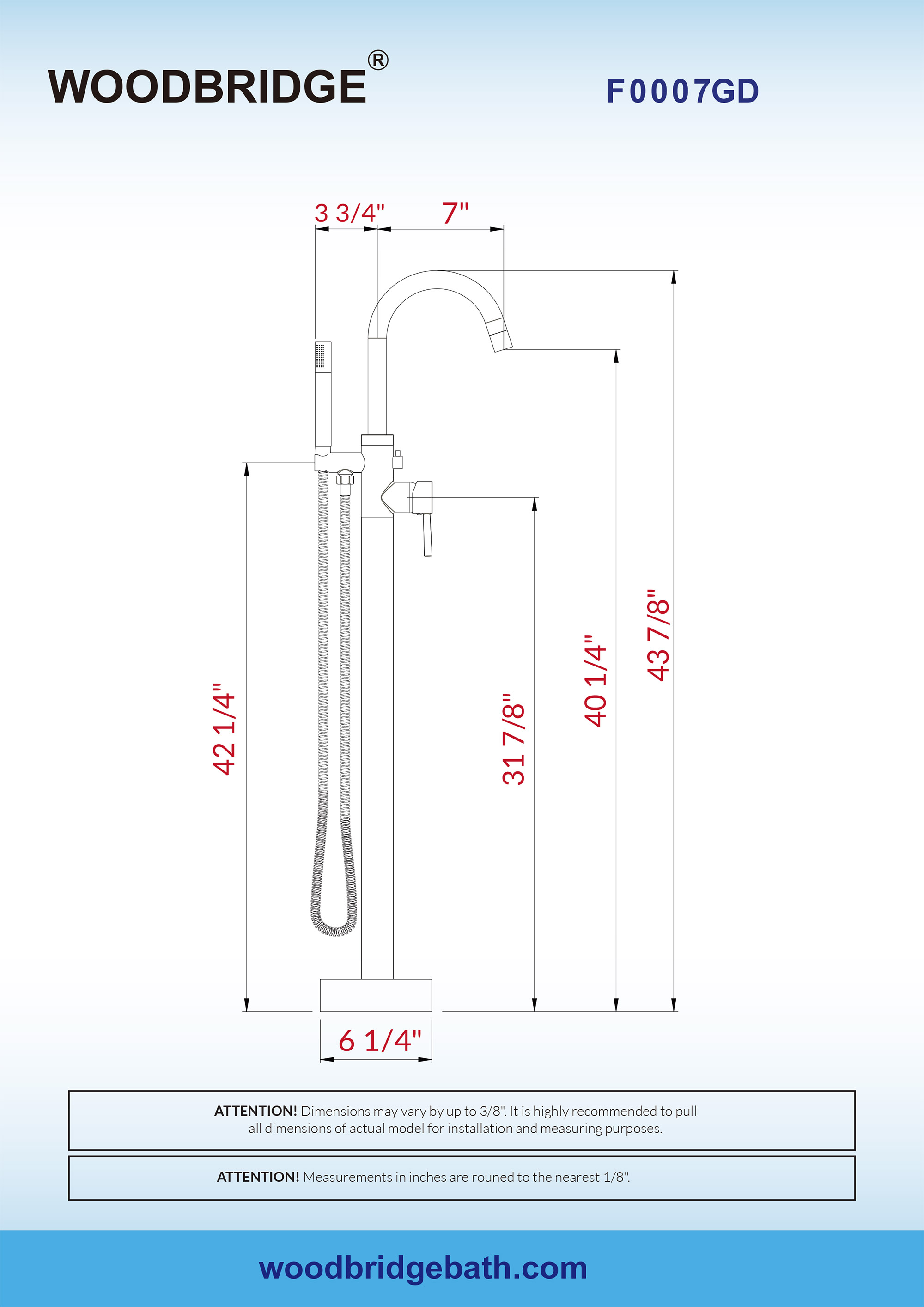  WOODBRIDGE F0007BGRD Contemporary Single Handle Floor Mount Freestanding Tub Filler Faucet with Hand shower in Brushed Gold Finish._24700